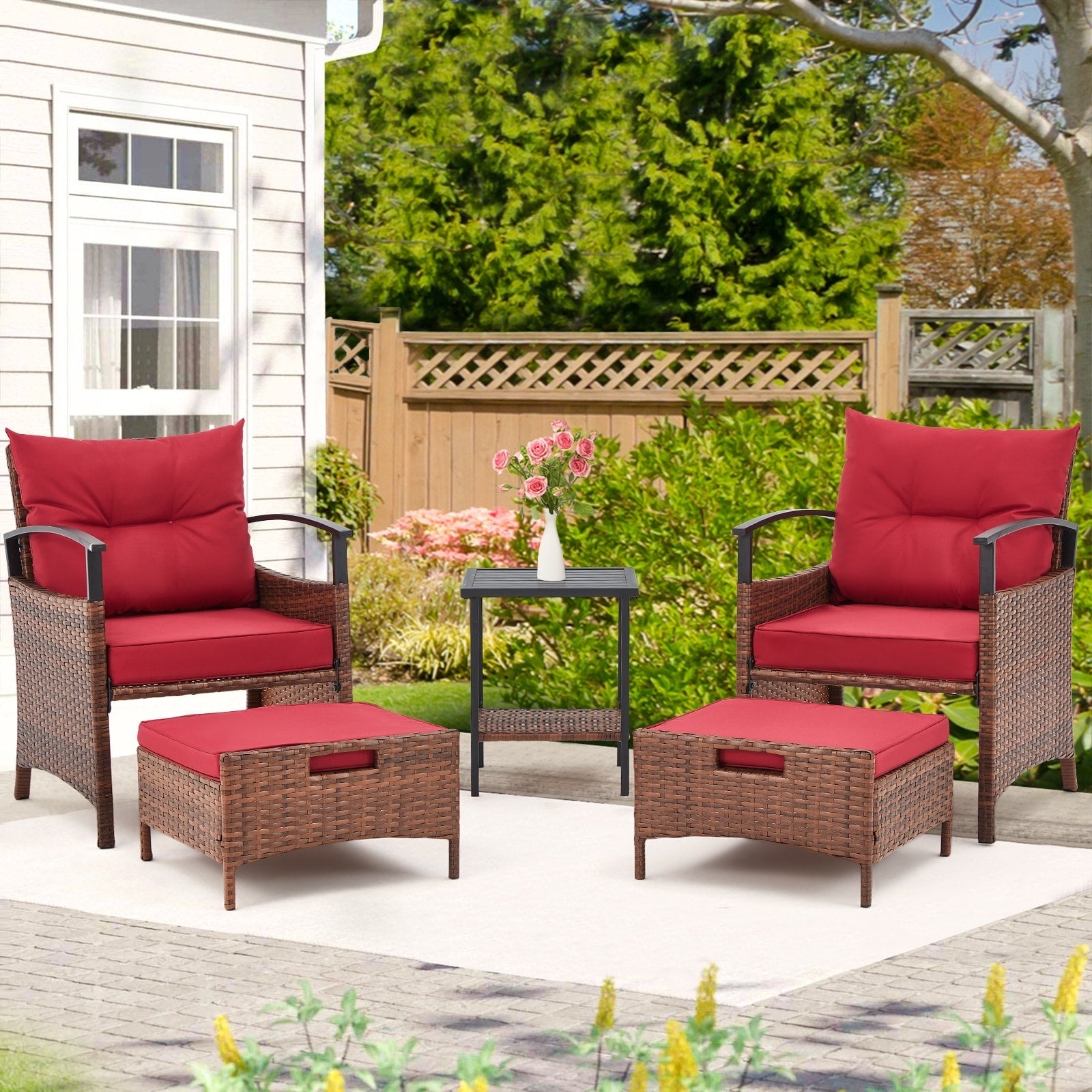 Ensemble de meubles de patio AVAWING 5 pièces en osier avec table basse et pouf