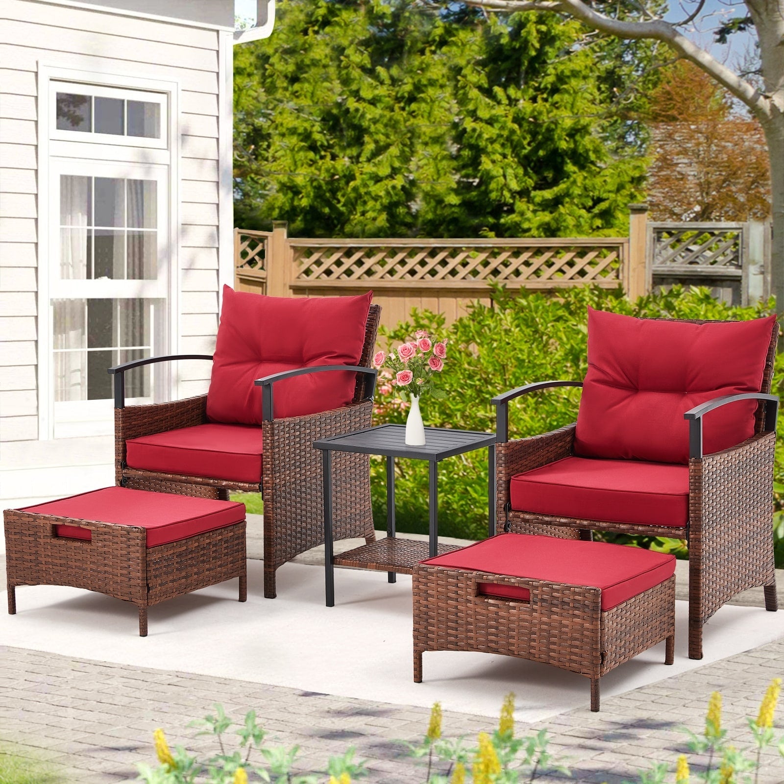 Ensemble de meubles de patio AVAWING 5 pièces en osier avec table basse et pouf