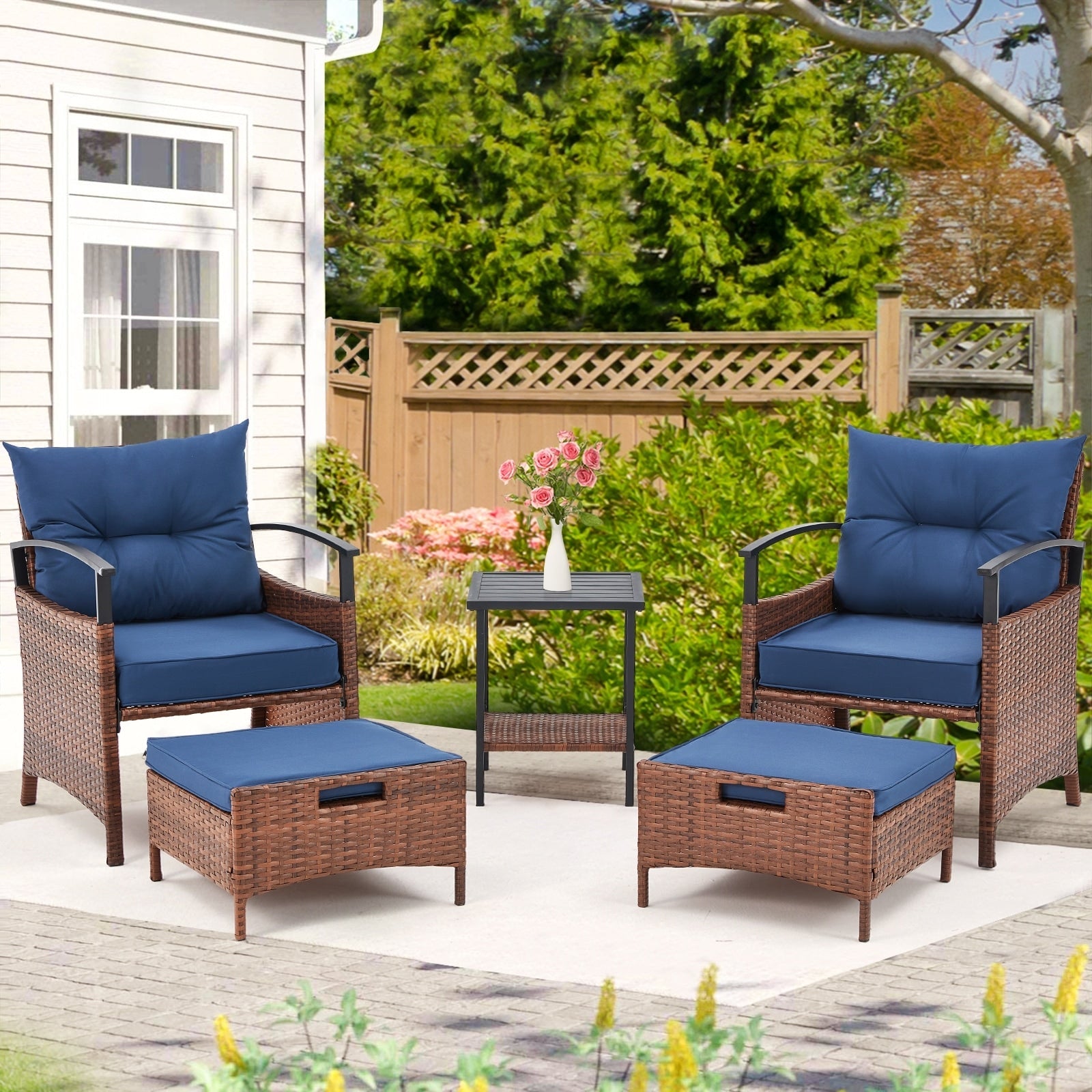 Ensemble de meubles de patio AVAWING 5 pièces en osier avec table basse et pouf