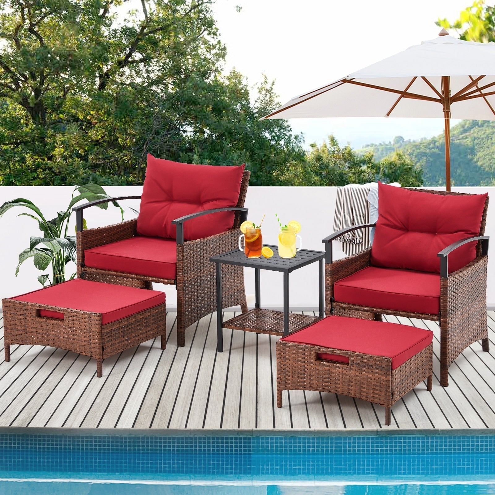 Ensemble de meubles de patio AVAWING 5 pièces en osier avec table basse et pouf