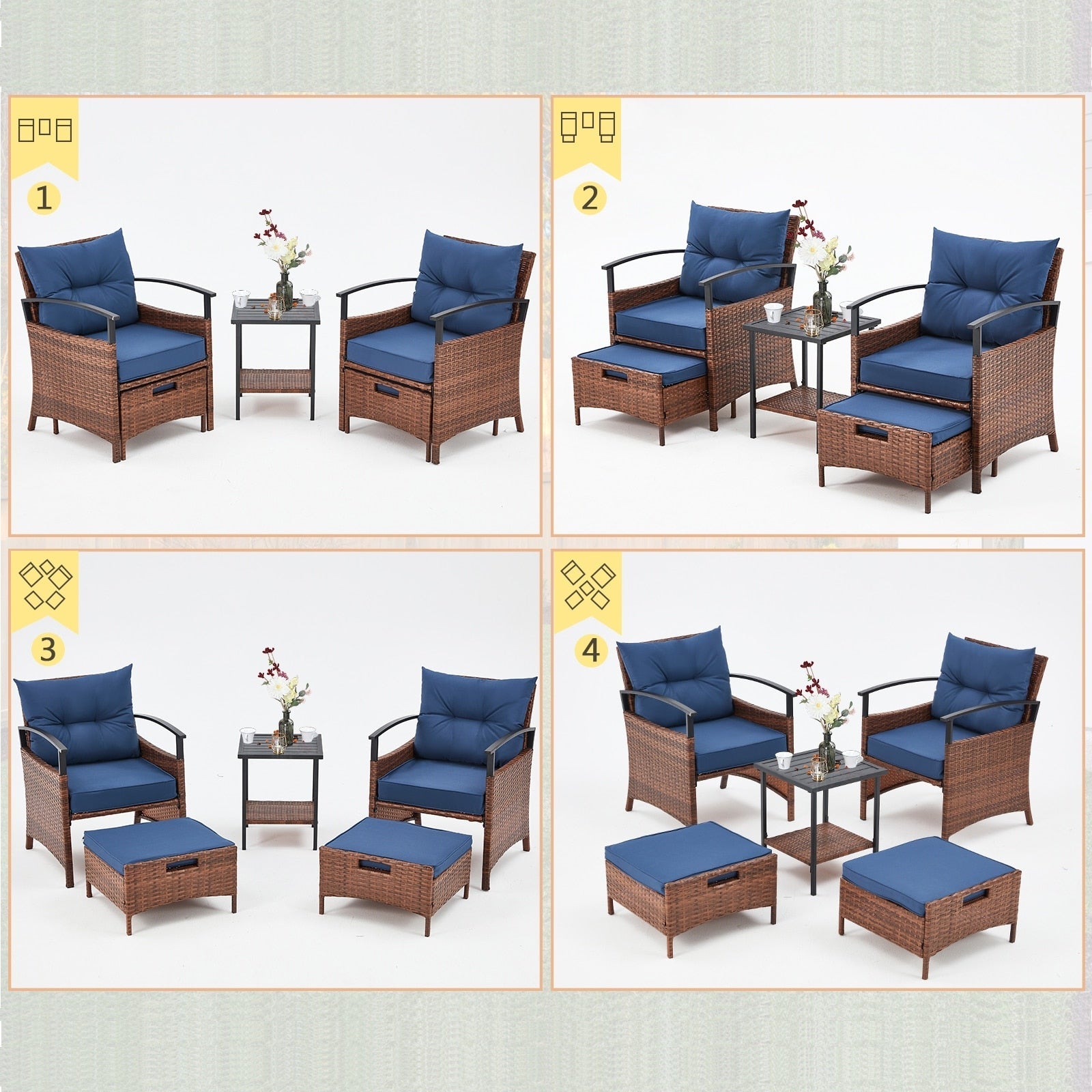 Ensemble de meubles de patio AVAWING 5 pièces en osier avec table basse et pouf