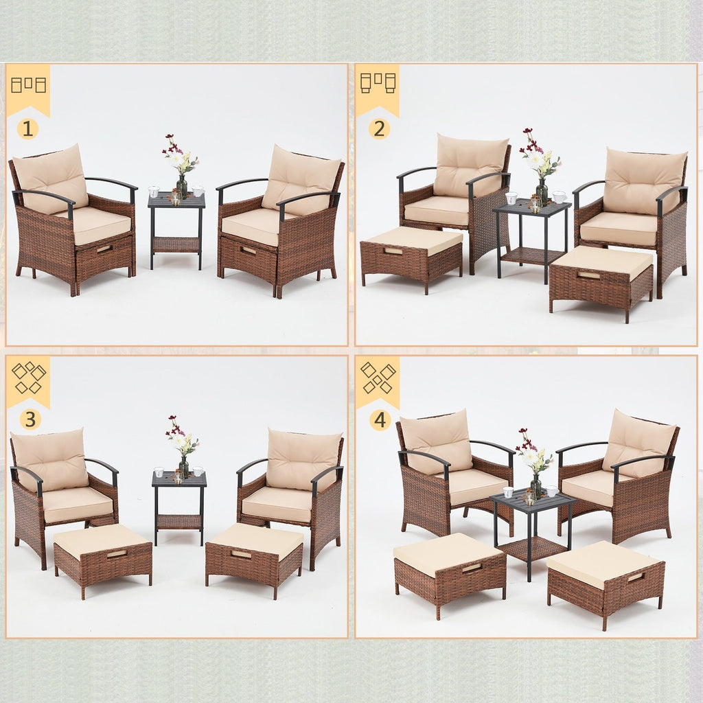 Ensemble de meubles de patio AVAWING 5 pièces en osier avec table basse et pouf