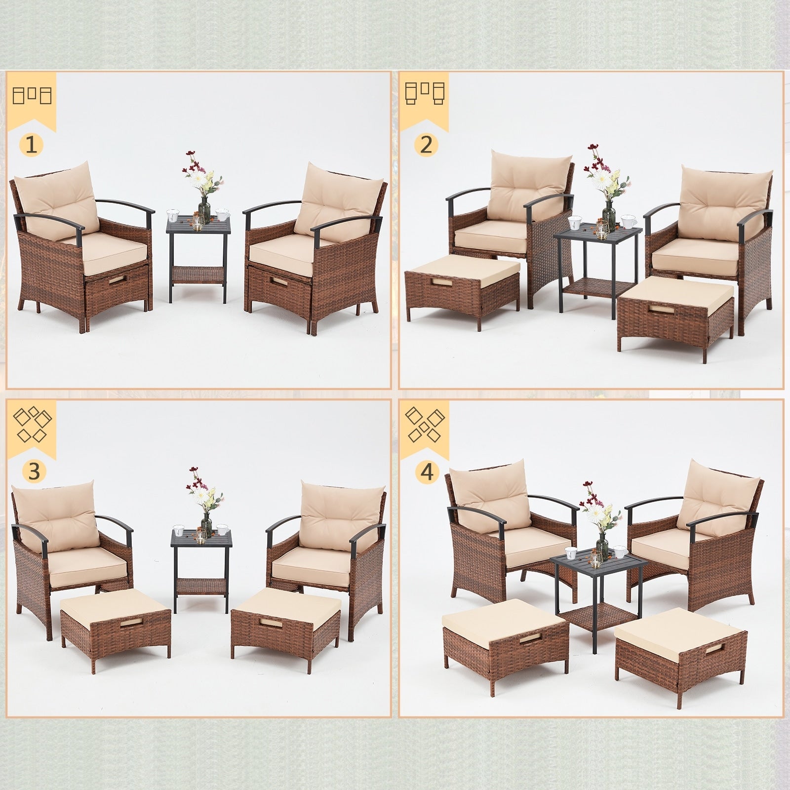 Ensemble de meubles de patio AVAWING 5 pièces en osier avec table basse et pouf