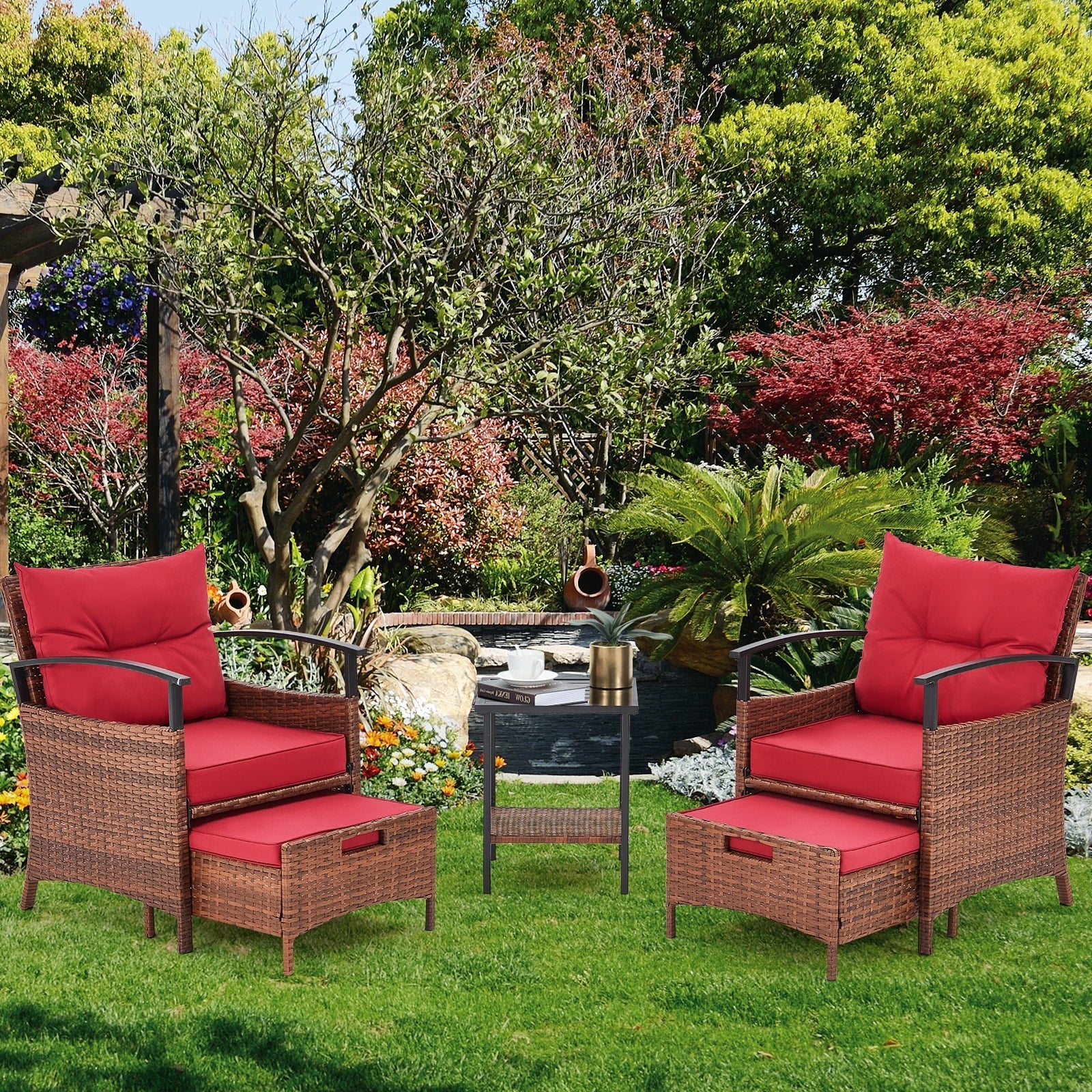 Ensemble de meubles de patio AVAWING 5 pièces en osier avec table basse et pouf