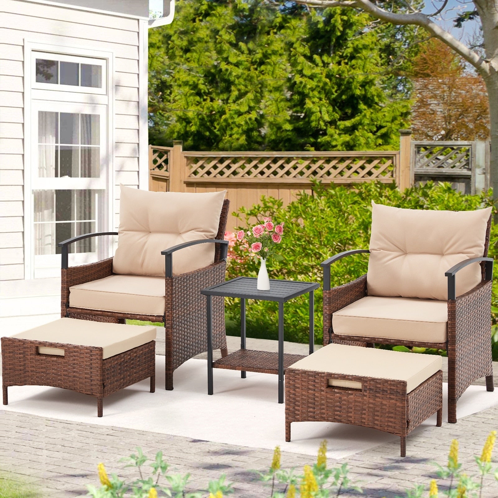 Ensemble de meubles de patio AVAWING 5 pièces en osier avec table basse et pouf