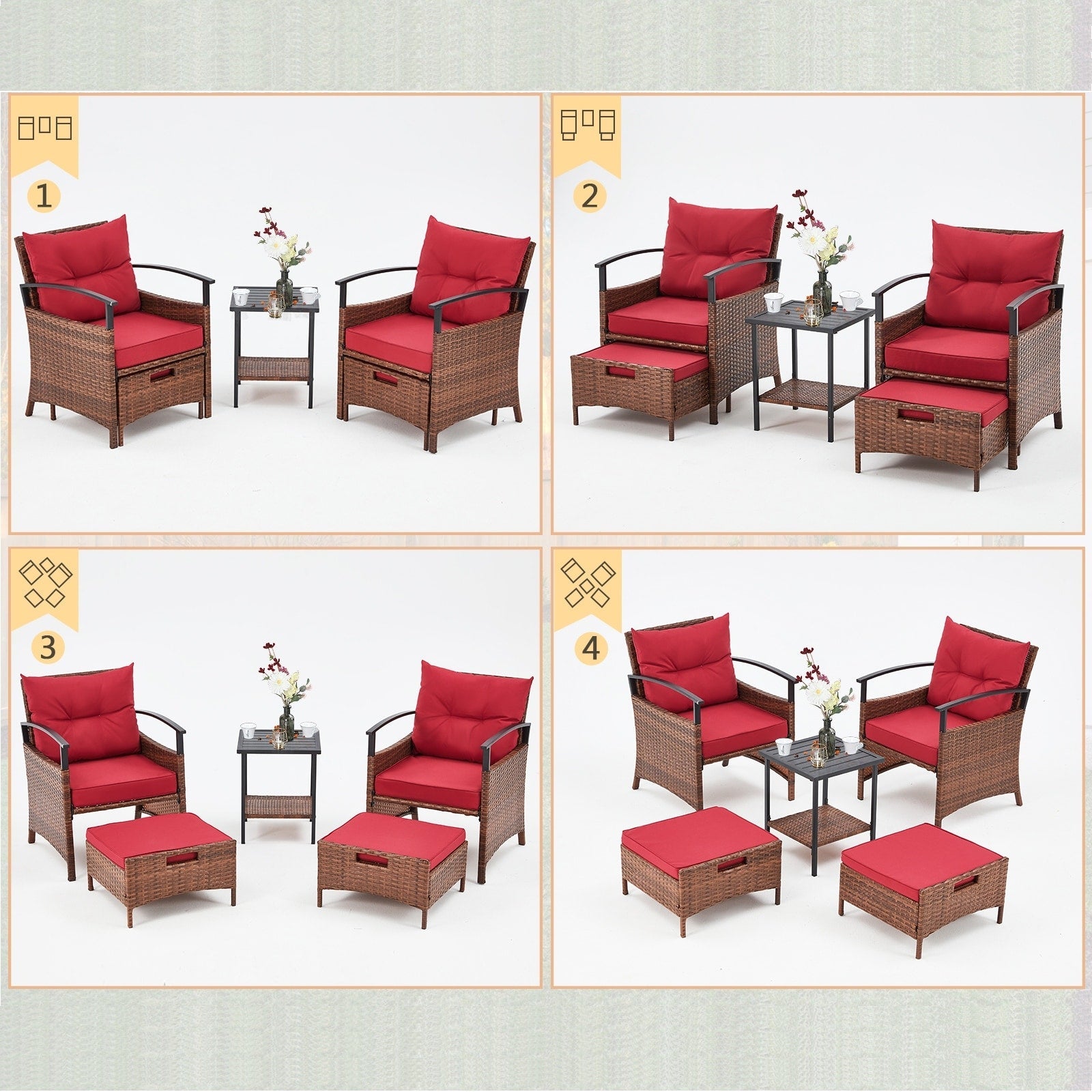 Ensemble de meubles de patio AVAWING 5 pièces en osier avec table basse et pouf