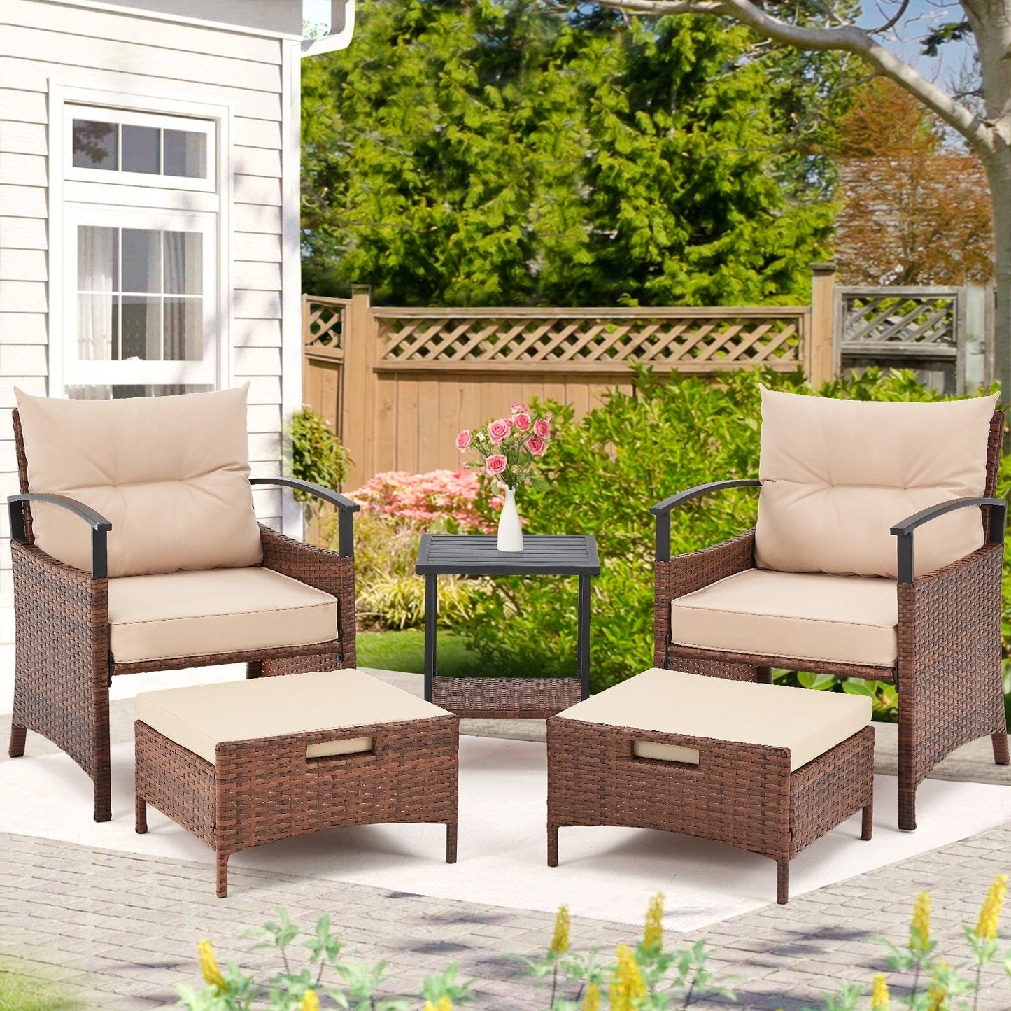 Ensemble de meubles de patio AVAWING 5 pièces en osier avec table basse et pouf