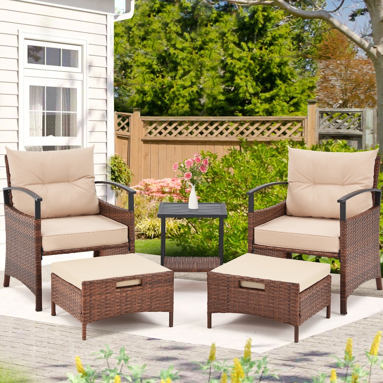 Ensemble de meubles de patio AVAWING 5 pièces en osier avec table basse et pouf