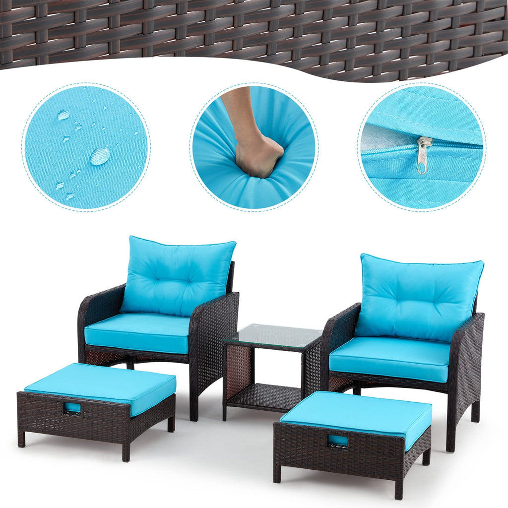 Ensemble de salon de jardin AVAWING 5 pièces en rotin et osier bleu avec table ottomane