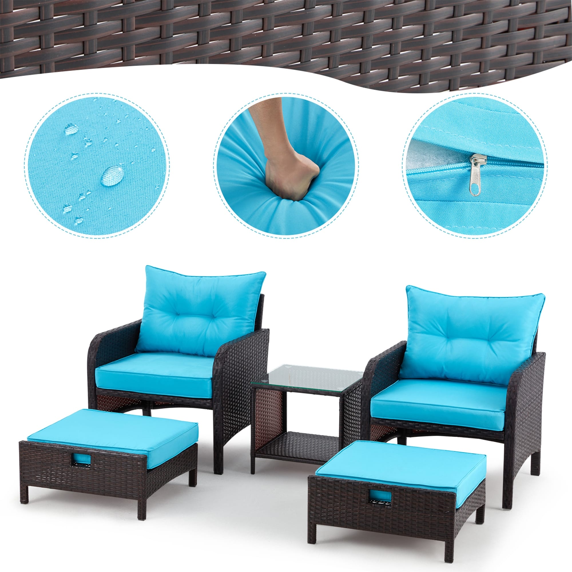 Ensemble de salon de jardin AVAWING 5 pièces en rotin et osier bleu avec table ottomane