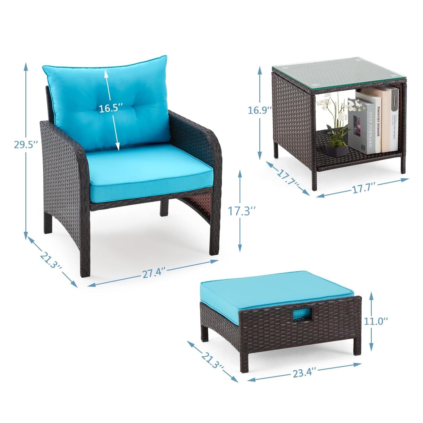 Ensemble de salon de jardin AVAWING 5 pièces en rotin et osier bleu avec table ottomane