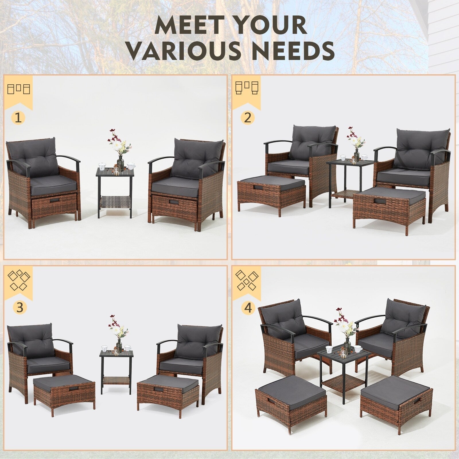 Ensemble de meubles de patio AVAWING 5 pièces en osier avec table basse et pouf