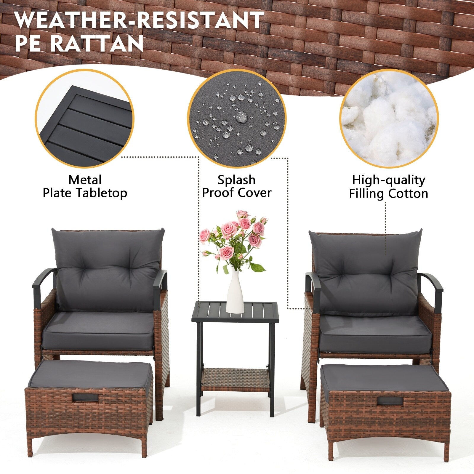 Ensemble de meubles de patio AVAWING 5 pièces en osier avec table basse et pouf