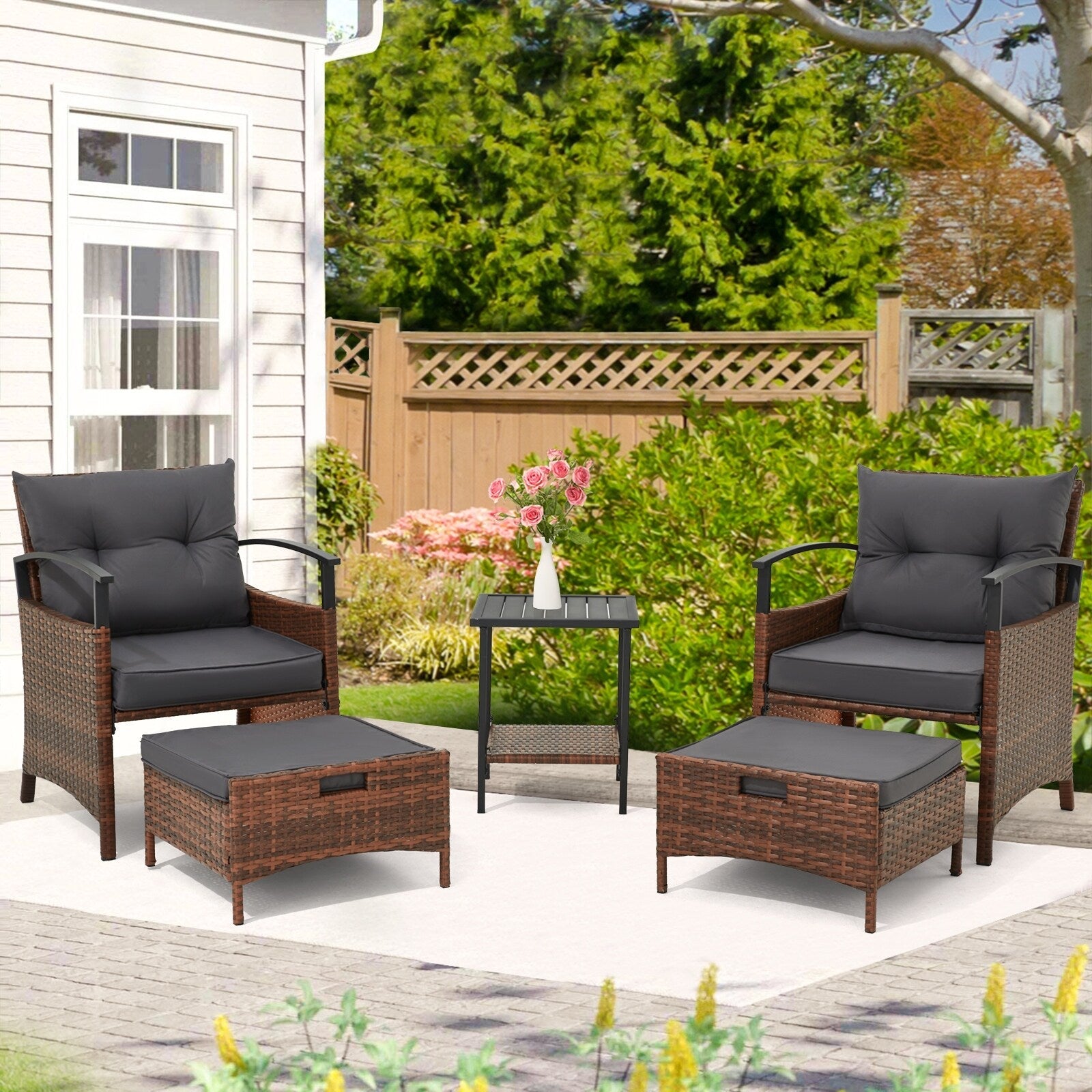Ensemble de meubles de patio AVAWING 5 pièces en osier avec table basse et pouf