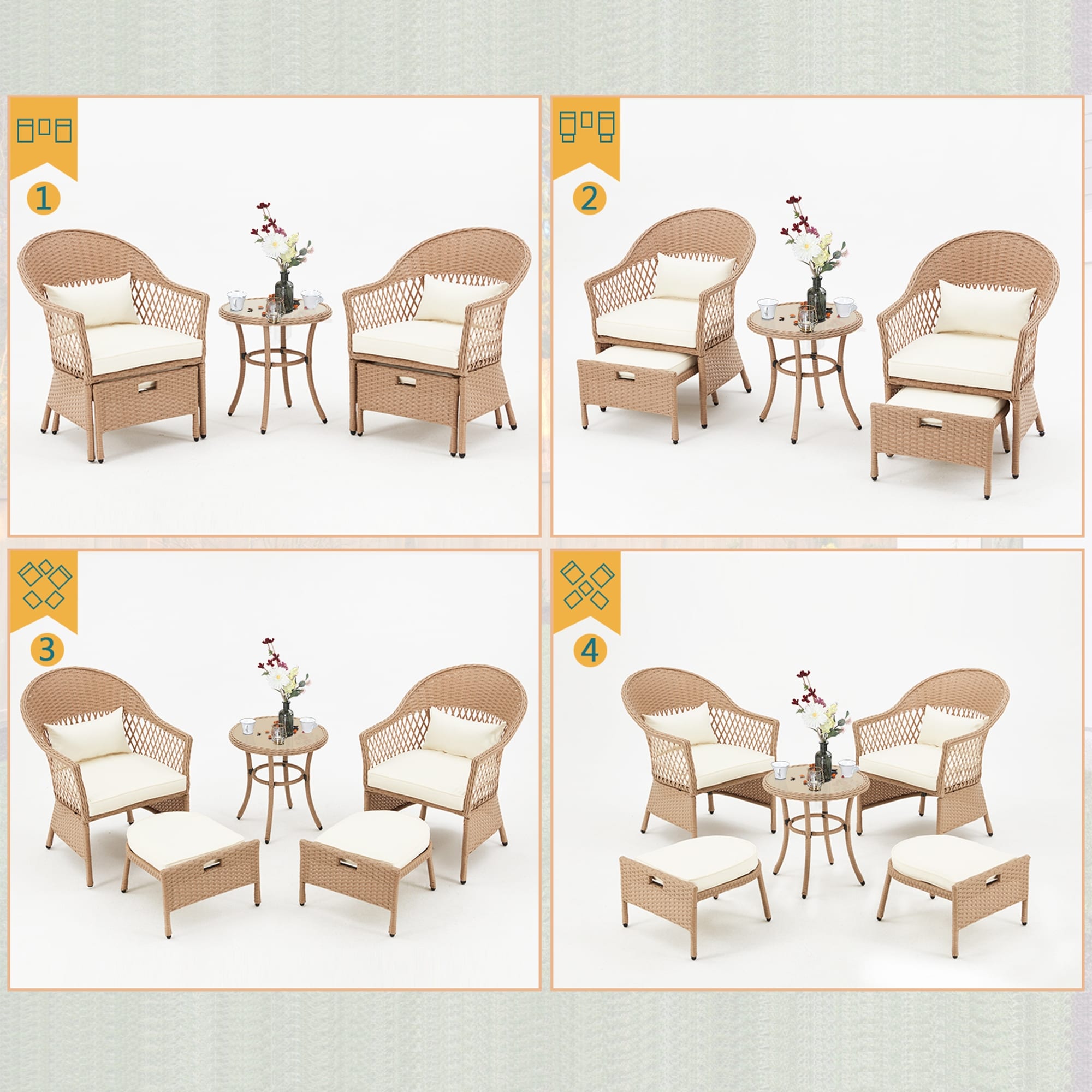 Ensemble de meubles de patio AVAWING 5 pièces, chaises d'extérieur en rotin, ensemble de conversation bistro en osier