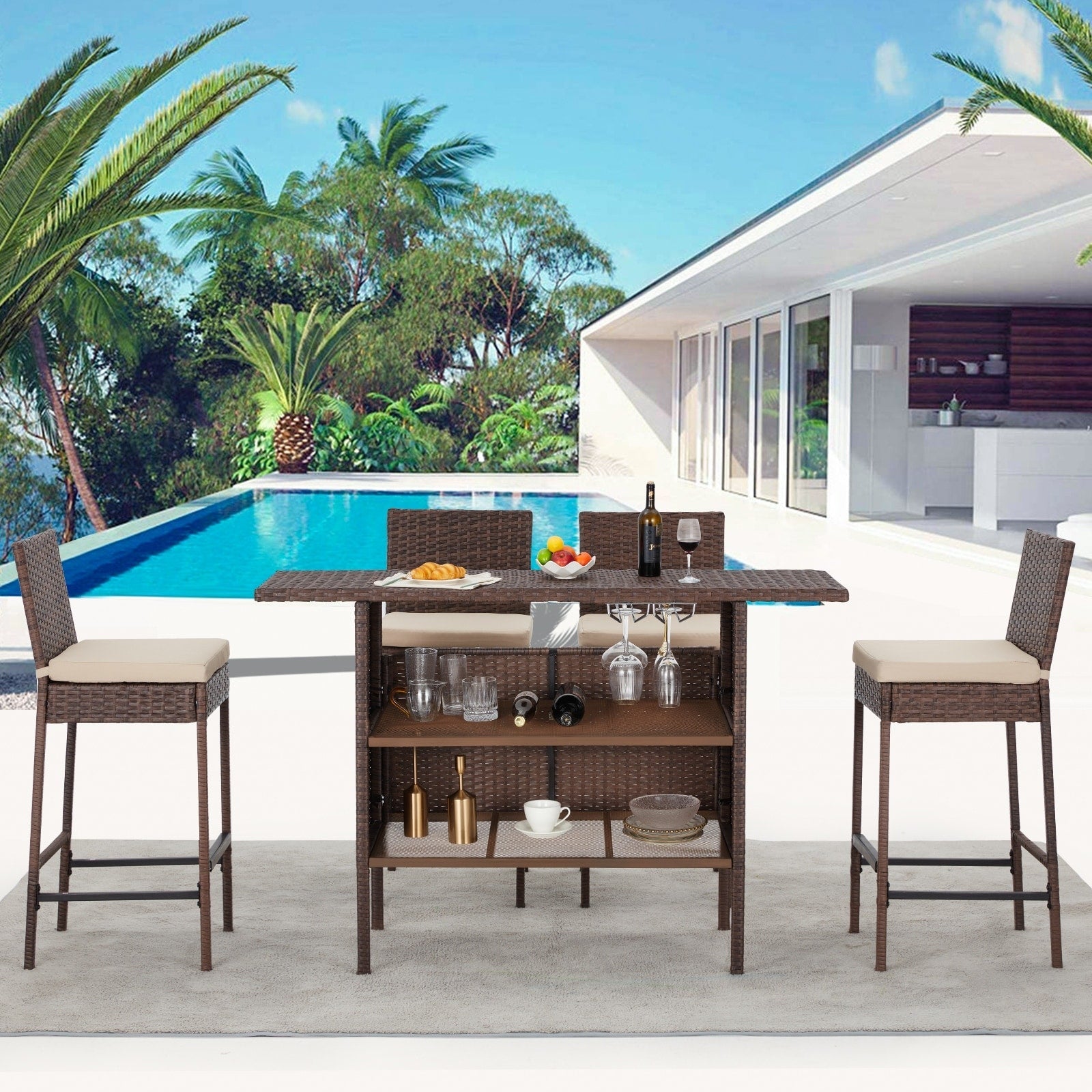 Ensemble de bar de patio AVAWING 5 pièces en rotin avec coussin amovible