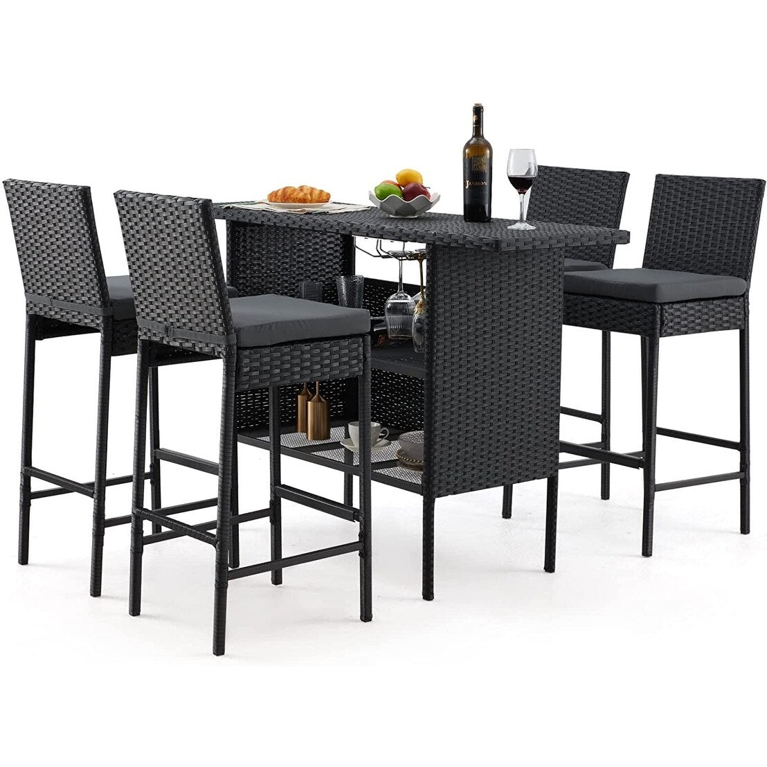 Ensemble de bar de patio AVAWING 5 pièces en rotin avec coussin amovible