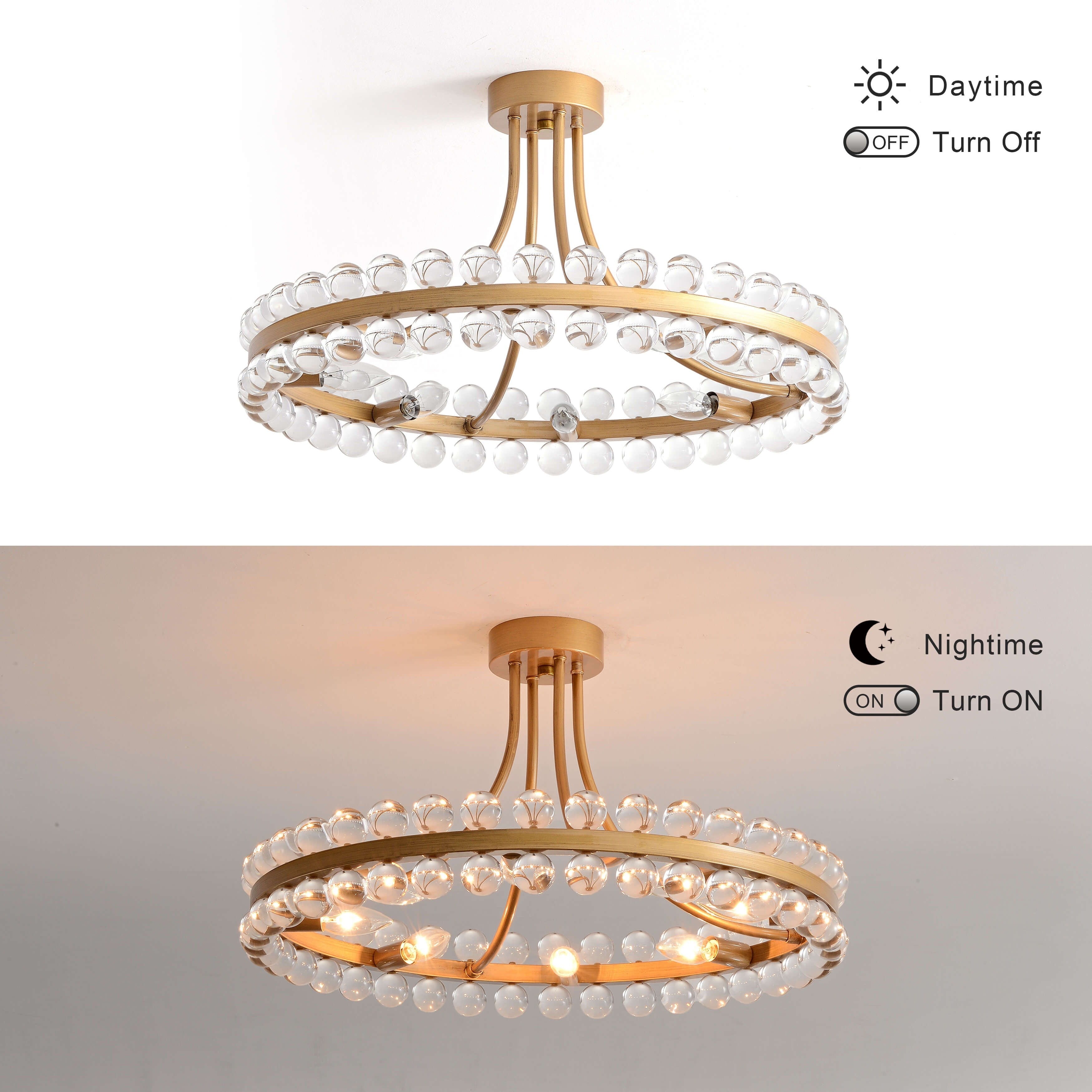 Plafonnier semi-encastré Elvira à 8 lumières en cristal, forme roue de chariot