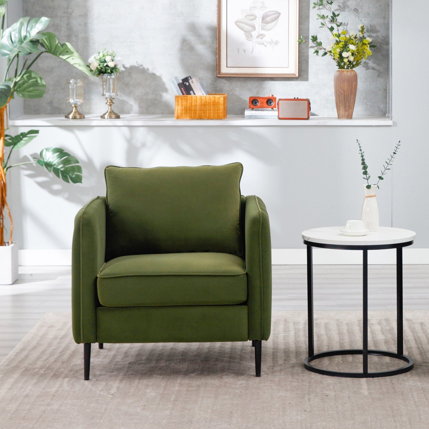 Fauteuil d'appoint pour salon, canapé simple confortable en velours, fauteuil moderne du milieu du siècle avec 1 coussin et pieds en métal