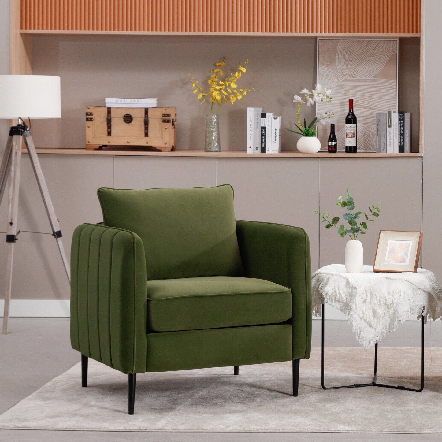 Fauteuil d'appoint pour salon, canapé simple confortable en velours, fauteuil moderne du milieu du siècle avec 1 coussin et pieds en métal