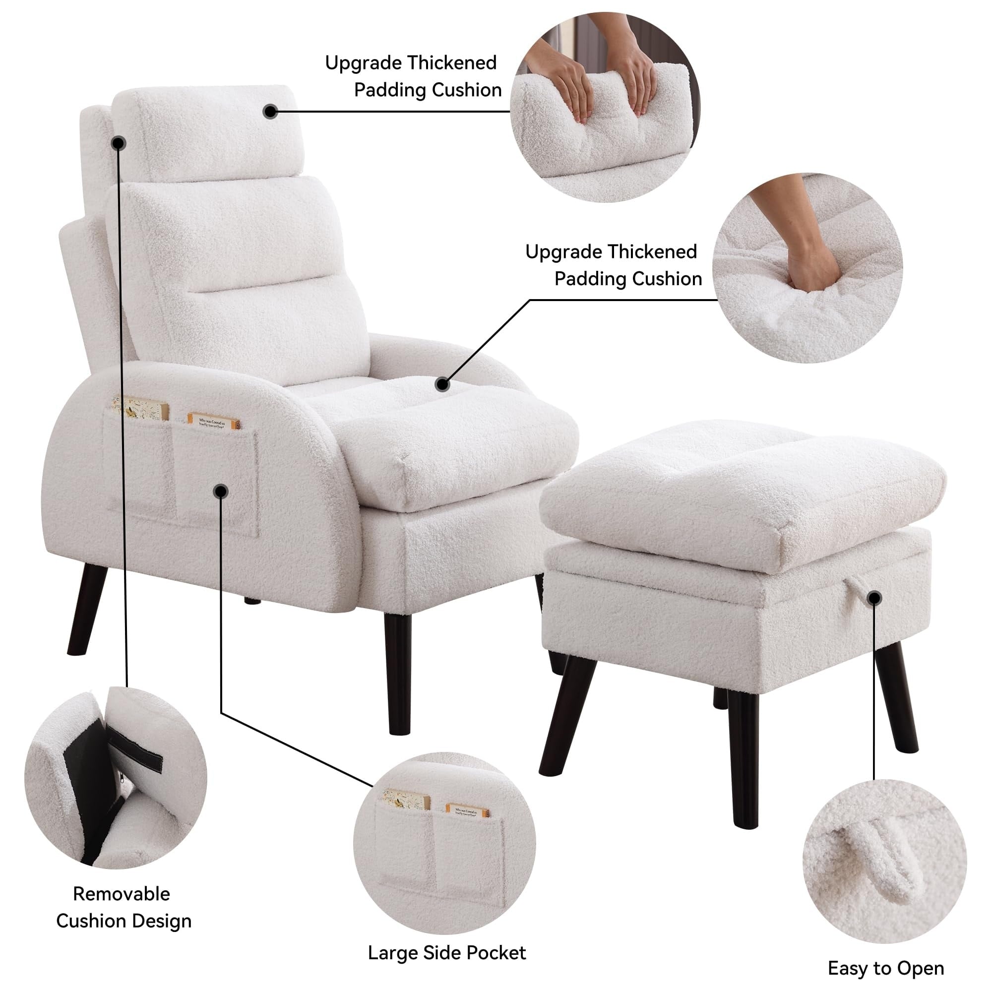 HOMYKA Accent Lounge Chair with Adjustable Backrest Storage Ottoman