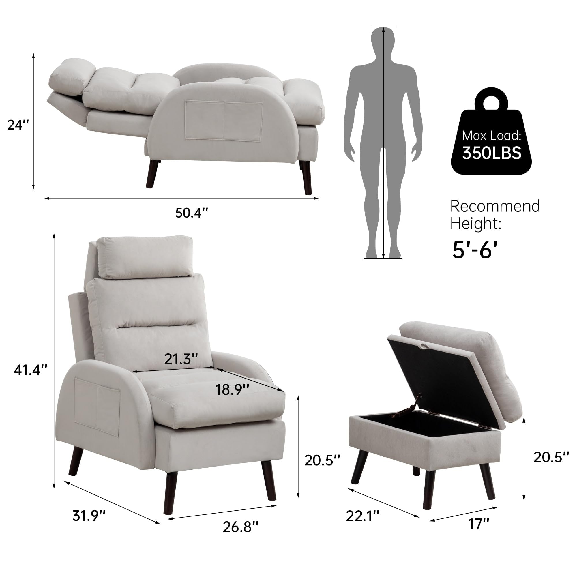HOMYKA Accent Lounge Chair with Adjustable Backrest Storage Ottoman