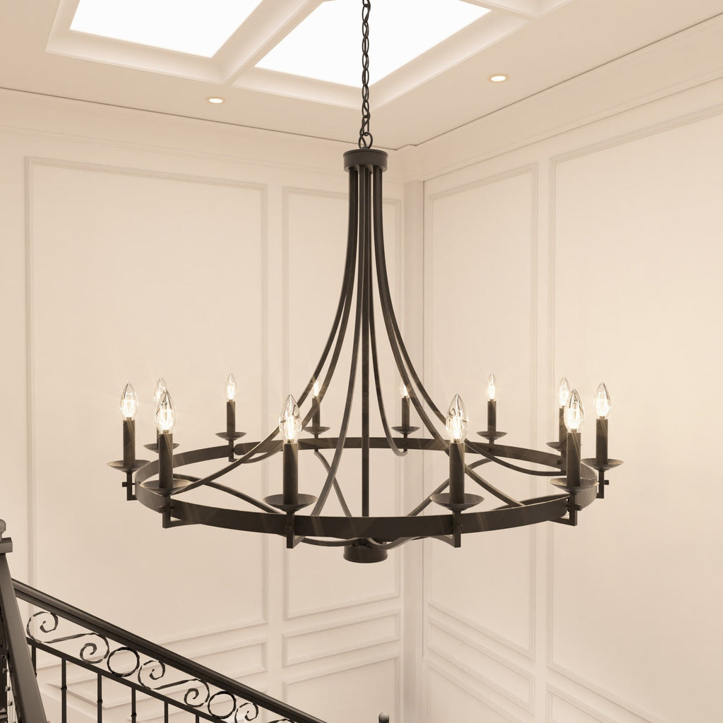 Lustre Fidenza à 12 lumières, style Empire, style ferme moderne, avec roue de chariot et UL - D40'' * H135''