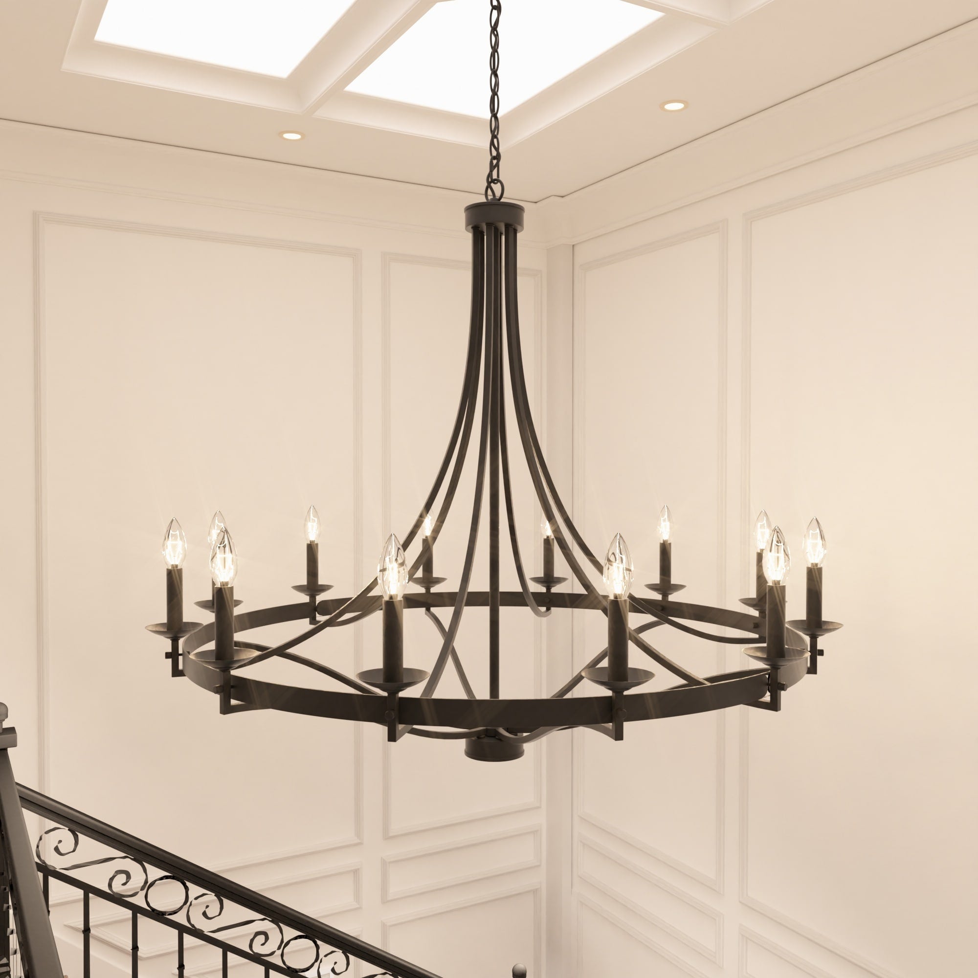 Lustre Fidenza à 12 lumières, style Empire, style ferme moderne, avec roue de chariot et UL - D40'' * H135''