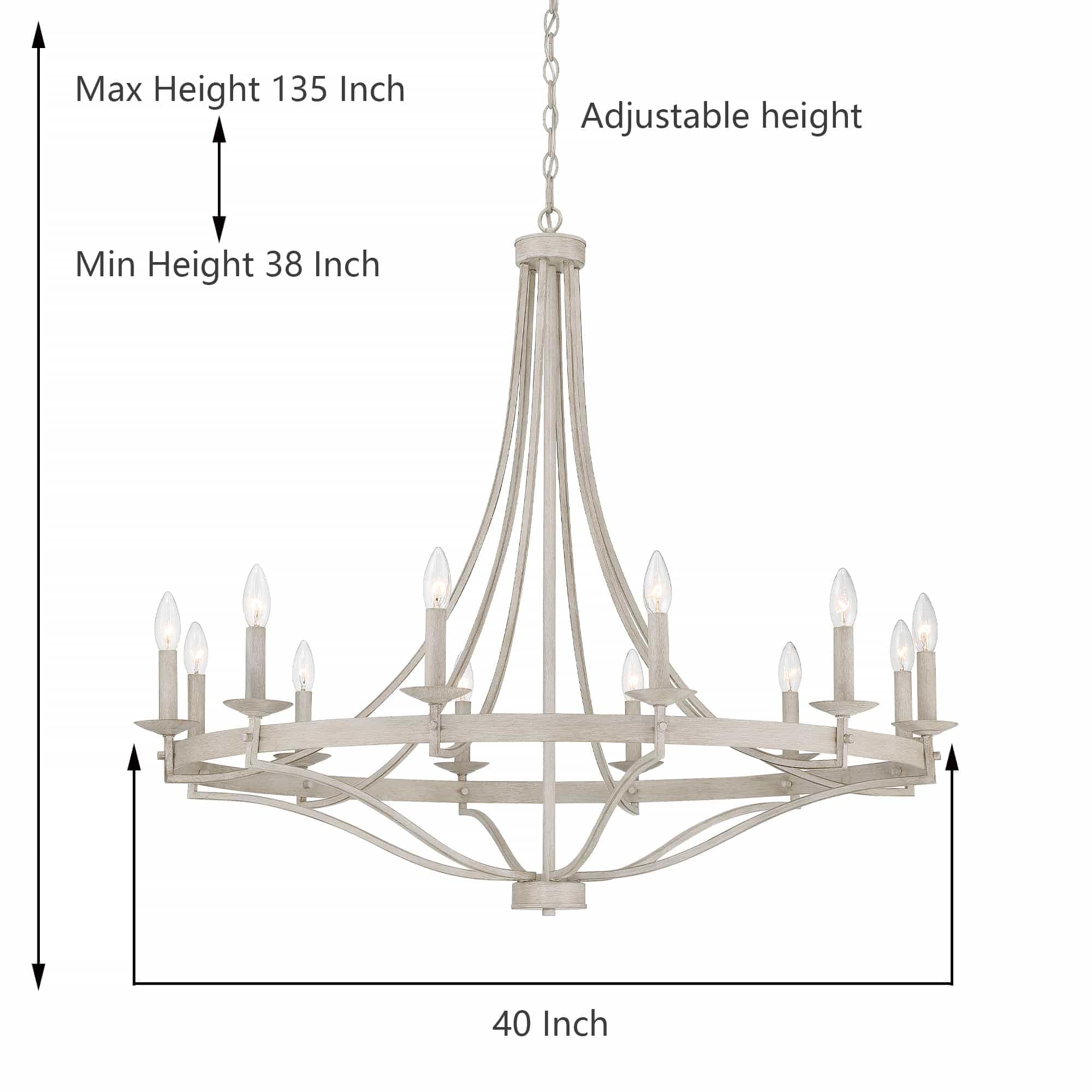 Lustre Fidenza à 12 lumières, style Empire, style ferme moderne, avec roue de chariot et UL - D40'' * H135''