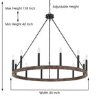 Lustre Acroma Farmhouse à 12 lumières, 40 po, en forme de roue de chariot, certifié UL - 40 po P x 138 po H