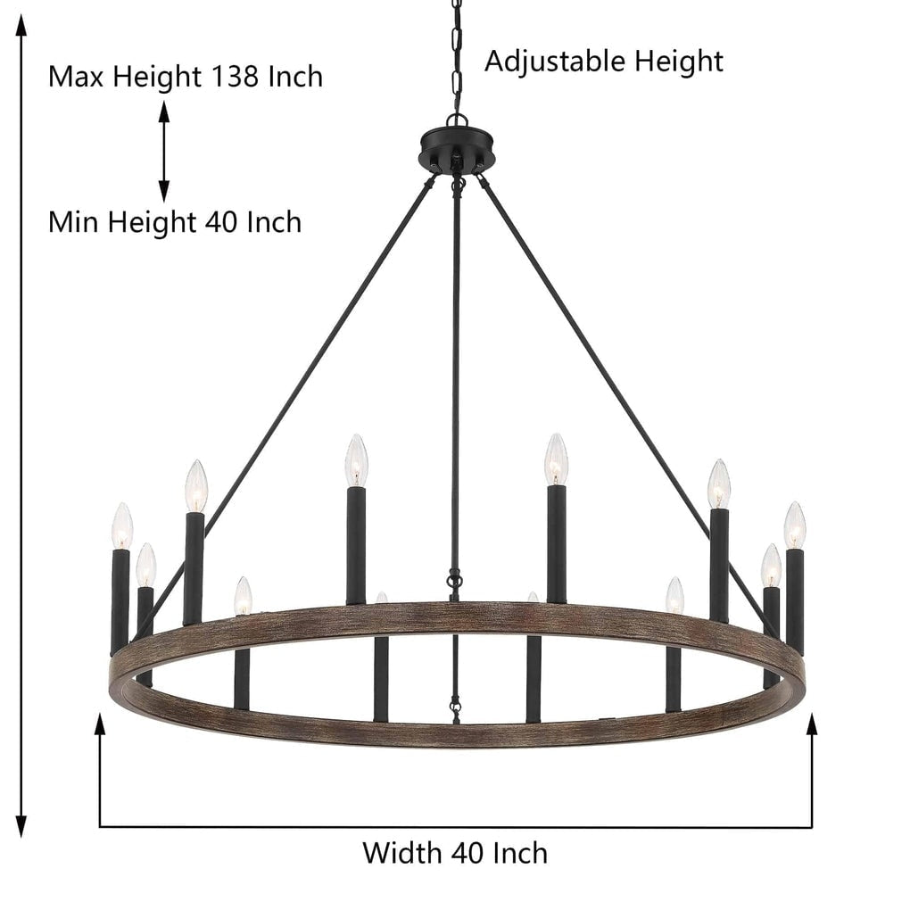 Lustre Acroma Farmhouse à 12 lumières, 40 po, en forme de roue de chariot, certifié UL - 40 po P x 138 po H