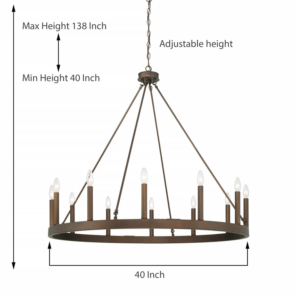 Lustre Acroma Farmhouse à 12 lumières, 40 po, en forme de roue de chariot, certifié UL - 40 po P x 138 po H