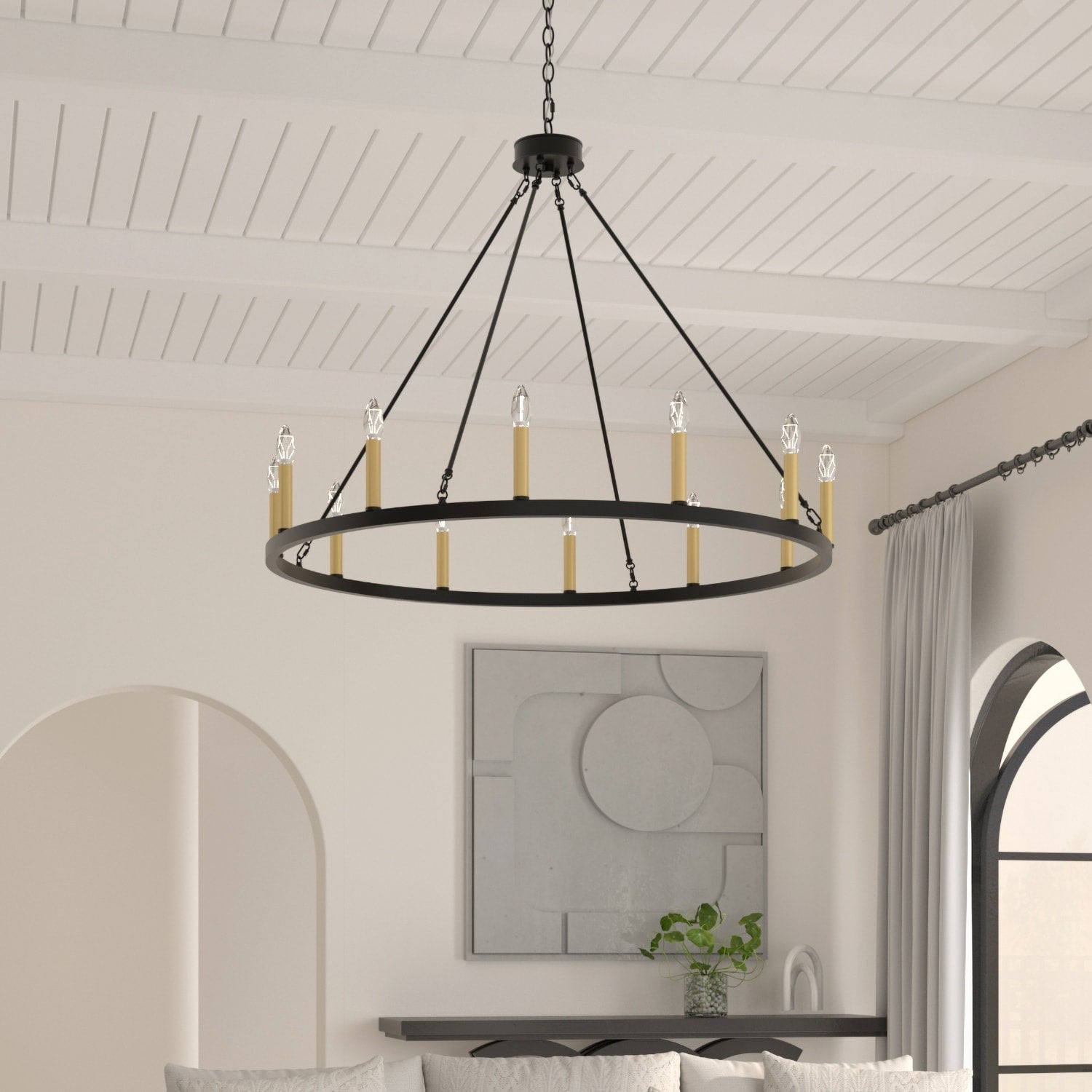 Lustre Acroma Farmhouse à 12 lumières, 40 po, en forme de roue de chariot, certifié UL - 40 po P x 138 po H