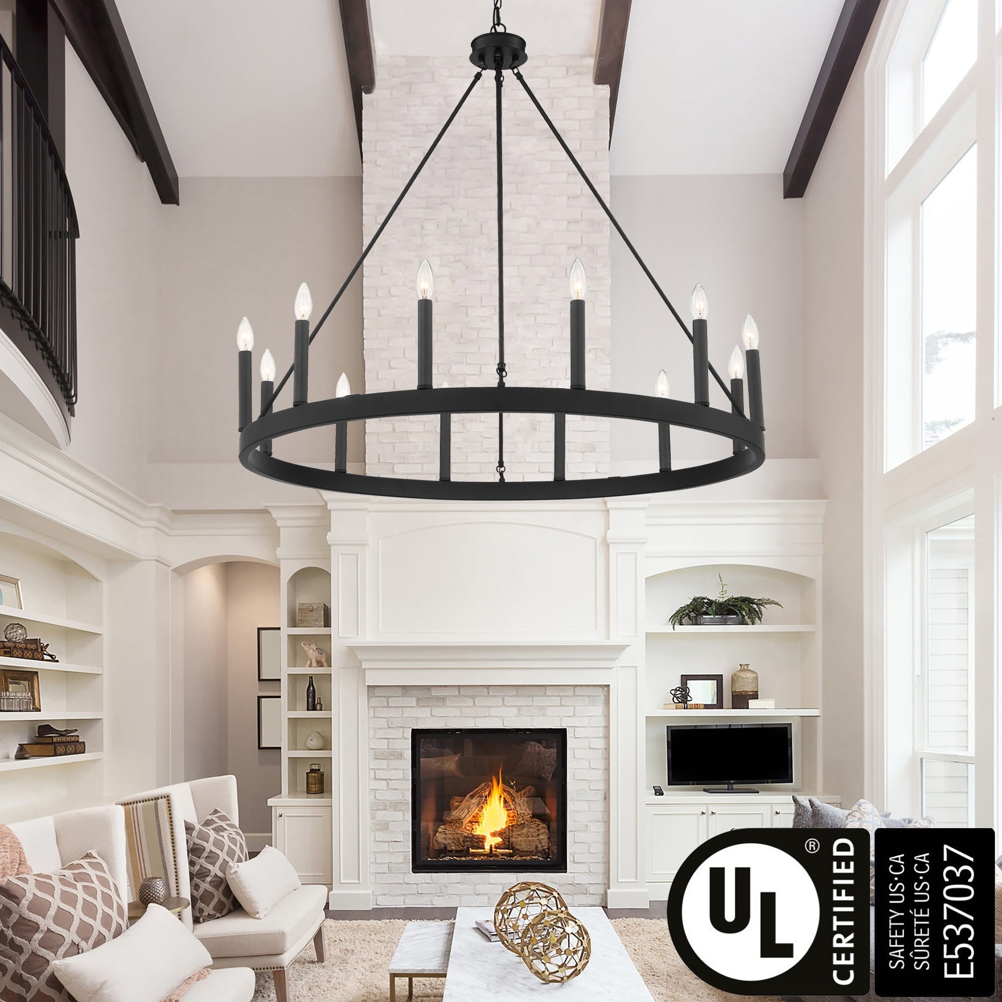 Lustre Acroma Farmhouse à 12 lumières, 40 po, en forme de roue de chariot, certifié UL - 40 po P x 138 po H