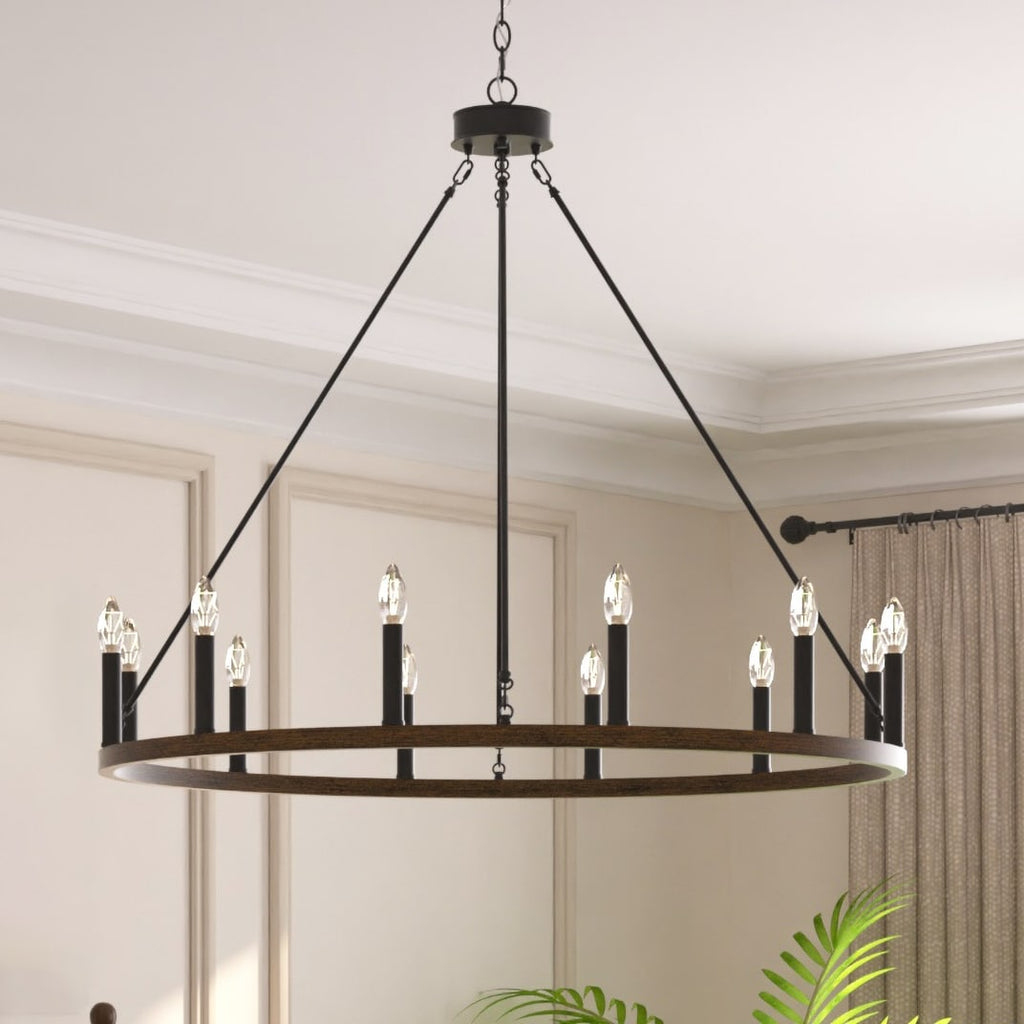 Lustre Acroma Farmhouse à 12 lumières, 40 po, en forme de roue de chariot, certifié UL - 40 po P x 138 po H