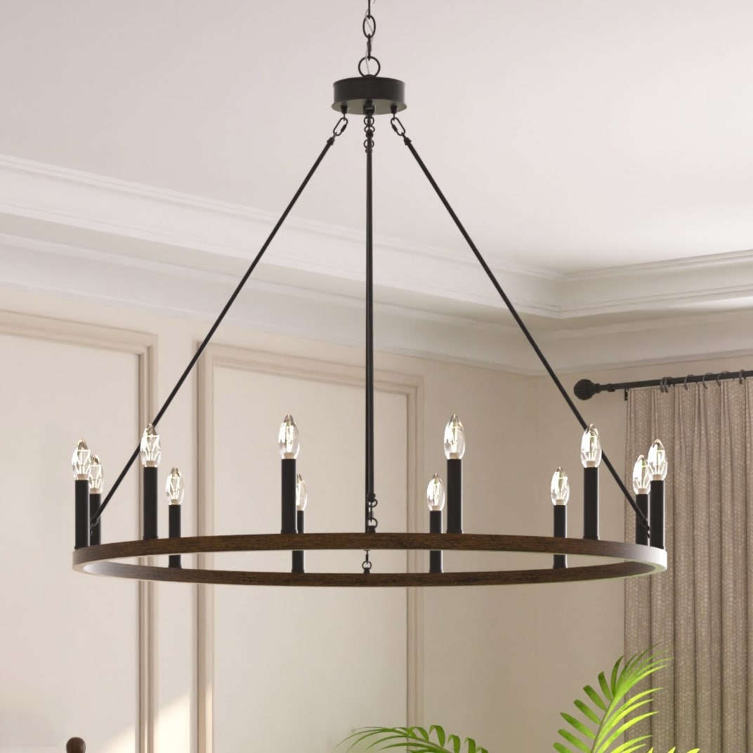 Lustre Acroma Farmhouse à 12 lumières, 40 po, en forme de roue de chariot, certifié UL - 40 po P x 138 po H