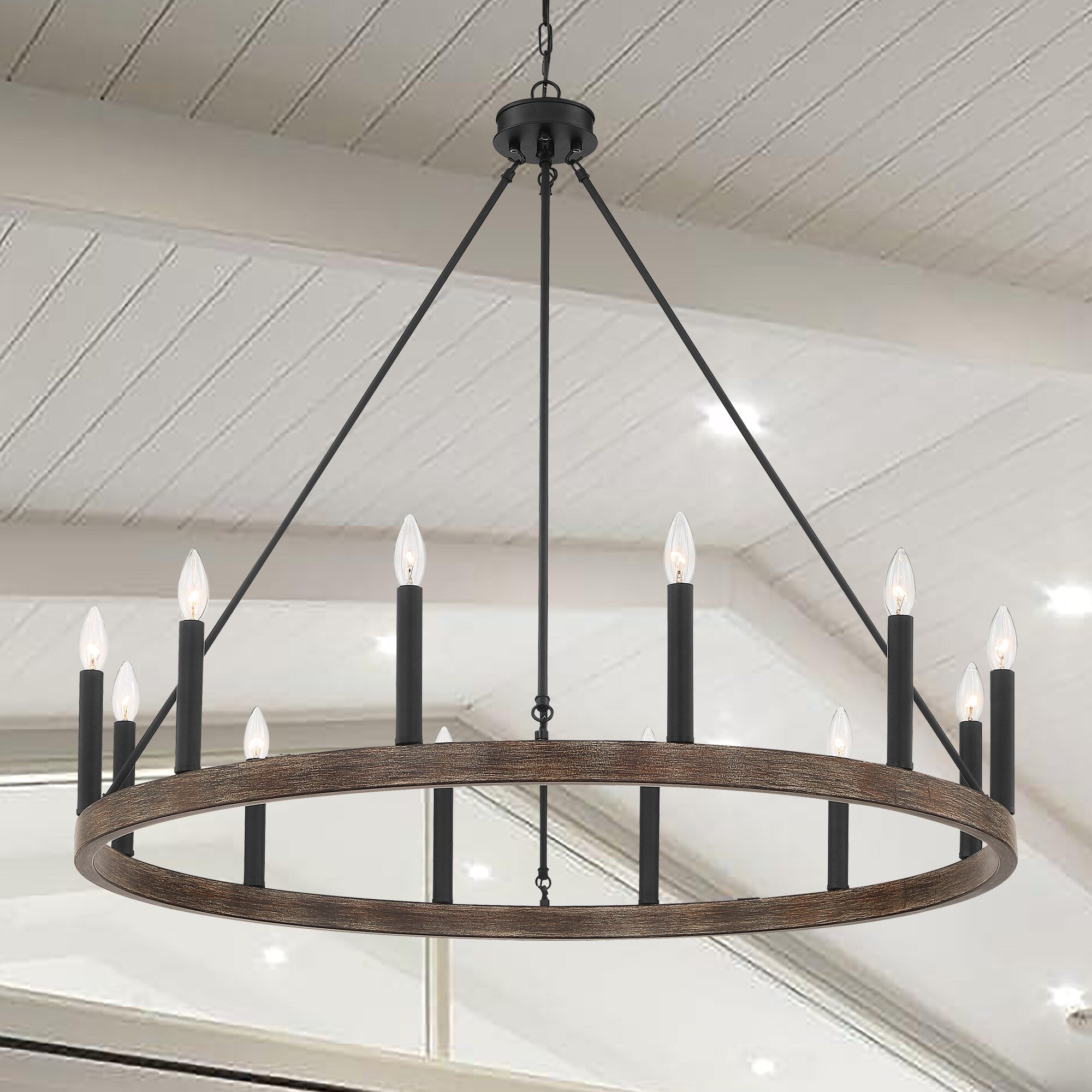 Lustre Acroma Farmhouse à 12 lumières, 40 po, en forme de roue de chariot, certifié UL - 40 po P x 138 po H