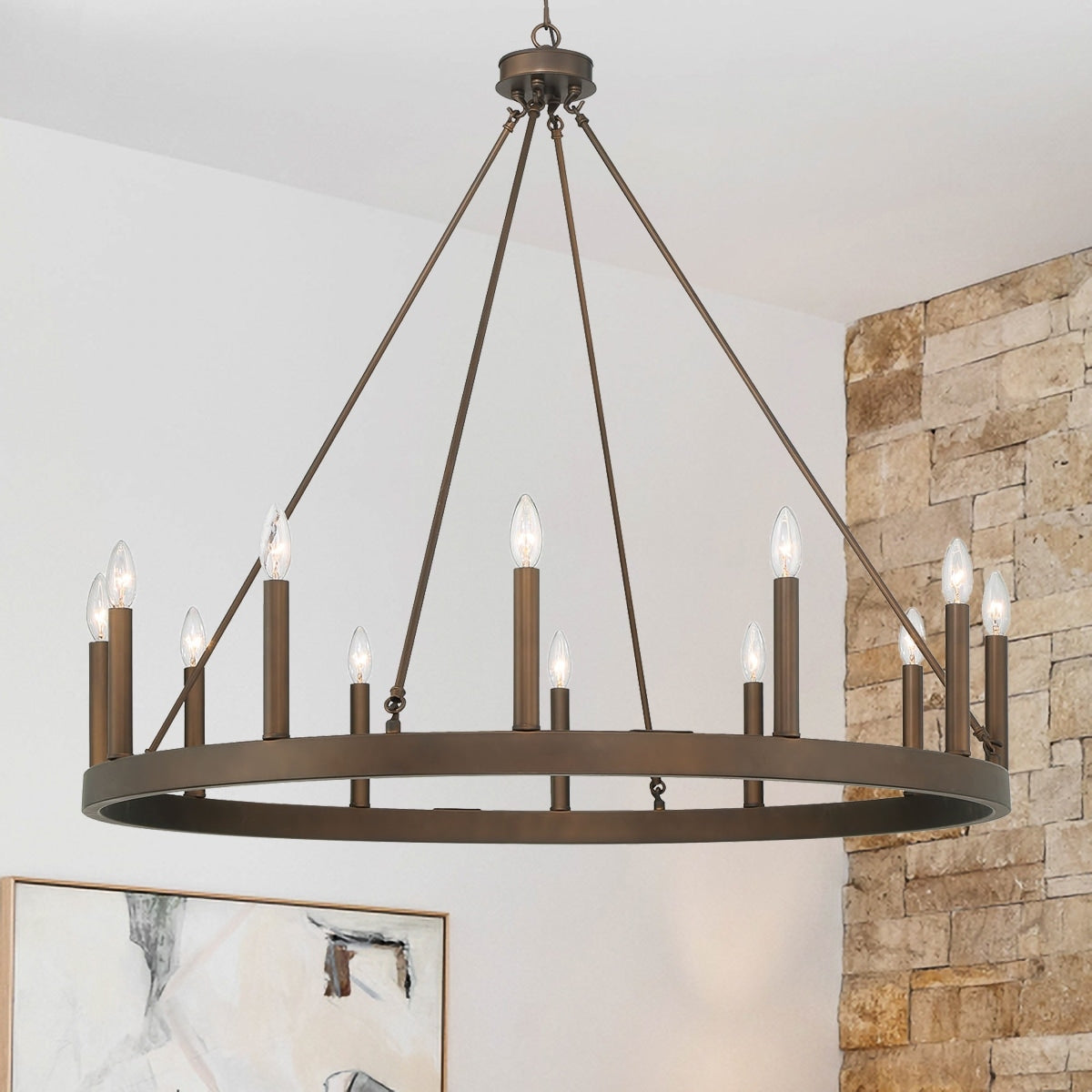 Lustre Acroma Farmhouse à 12 lumières, 40 po, en forme de roue de chariot, certifié UL - 40 po P x 138 po H