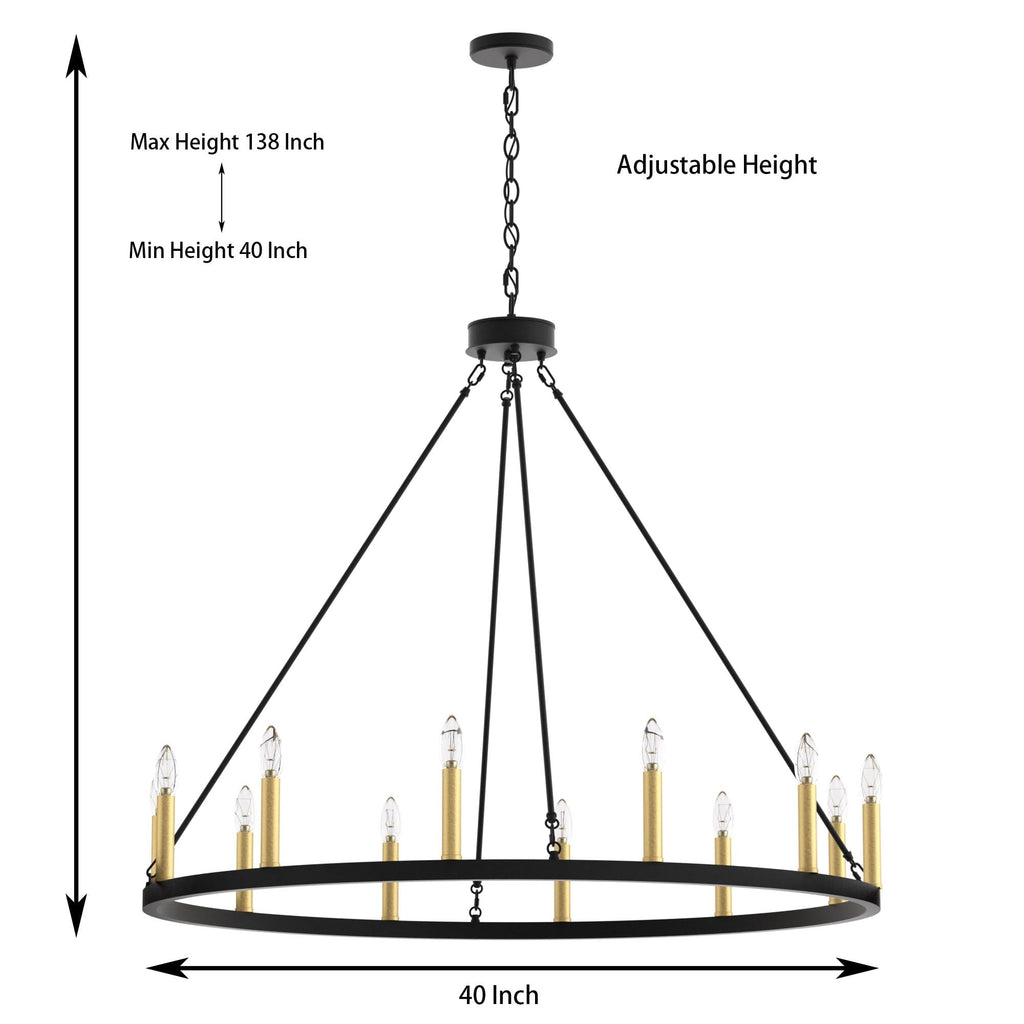 Lustre Acroma Farmhouse à 12 lumières, 40 po, en forme de roue de chariot, certifié UL - 40 po P x 138 po H