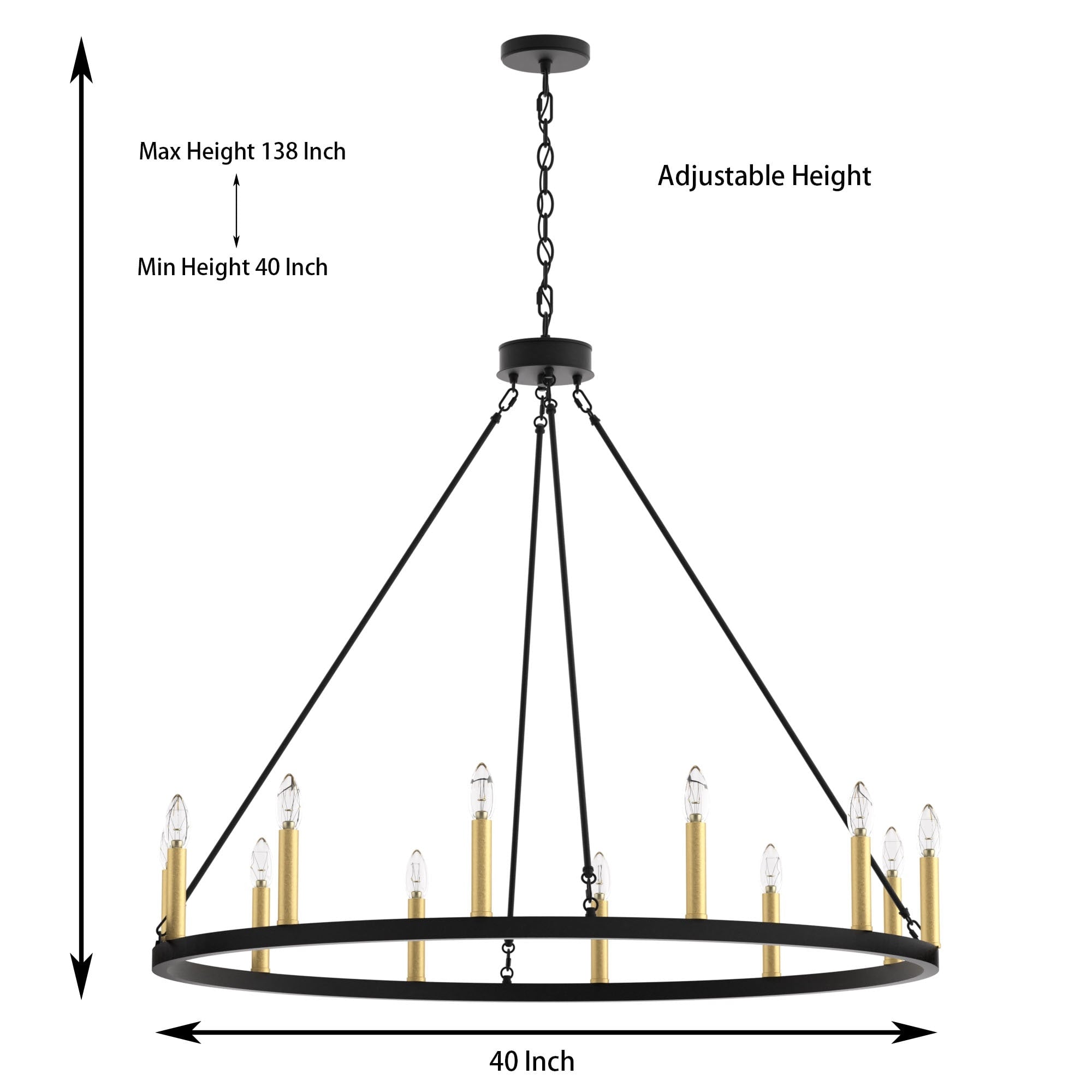 Lustre Acroma Farmhouse à 12 lumières, 40 po, en forme de roue de chariot, certifié UL - 40 po P x 138 po H