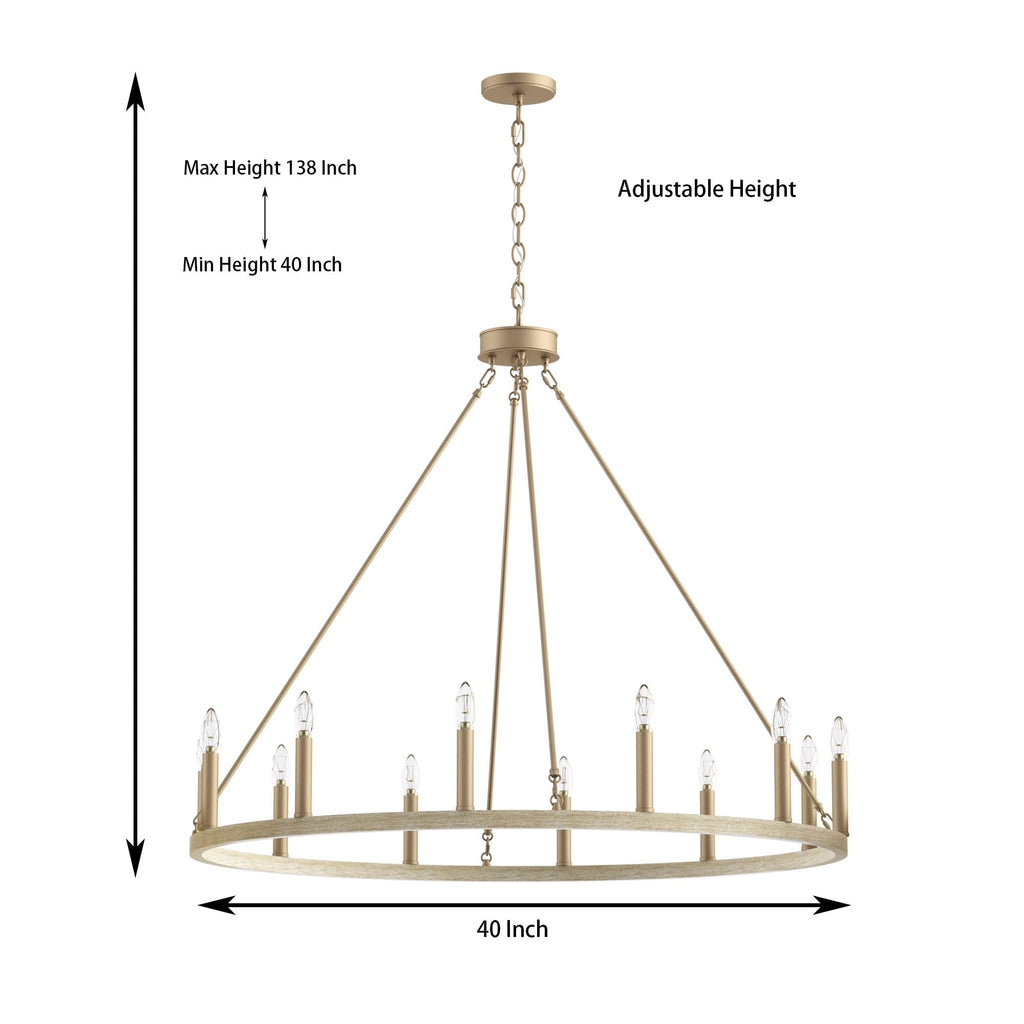 Lustre Acroma Farmhouse à 12 lumières, 40 po, en forme de roue de chariot, certifié UL - 40 po P x 138 po H