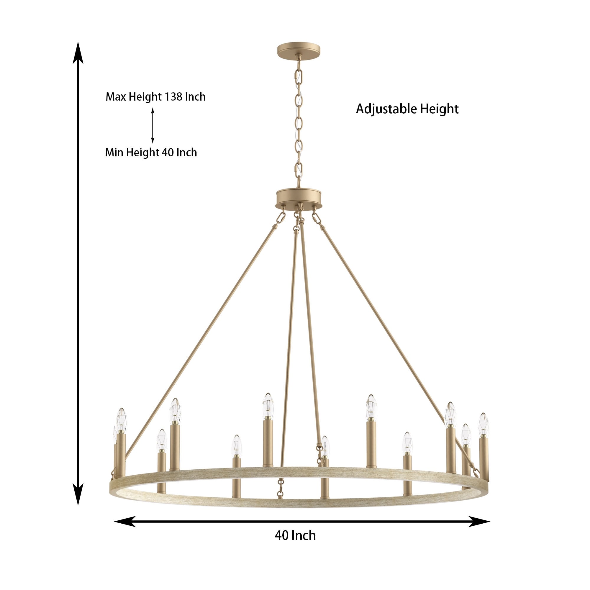 Lustre Acroma Farmhouse à 12 lumières, 40 po, en forme de roue de chariot, certifié UL - 40 po P x 138 po H