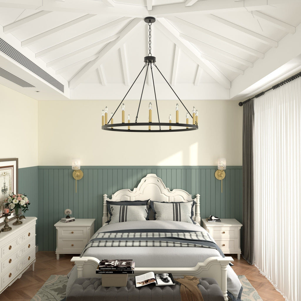 Lustre Acroma Farmhouse à 12 lumières, 40 po, en forme de roue de chariot, certifié UL - 40 po P x 138 po H