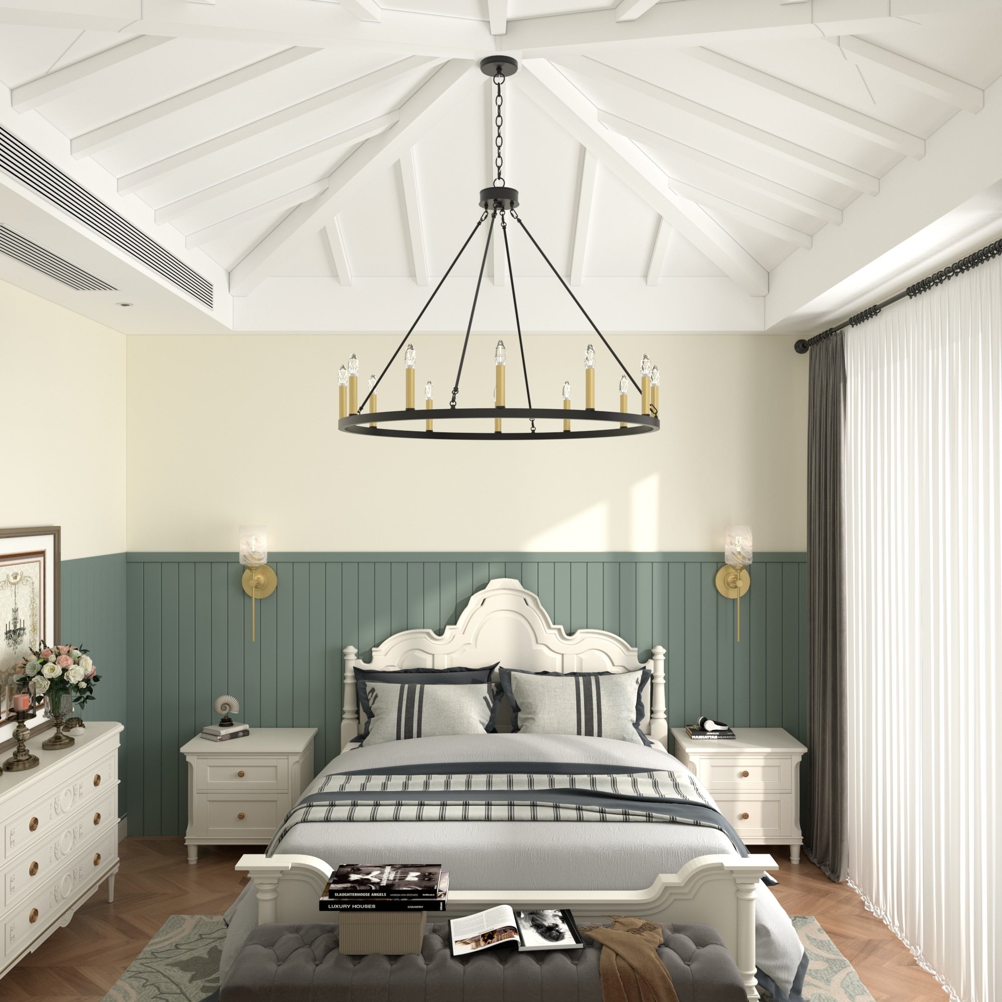 Lustre Acroma Farmhouse à 12 lumières, 40 po, en forme de roue de chariot, certifié UL - 40 po P x 138 po H