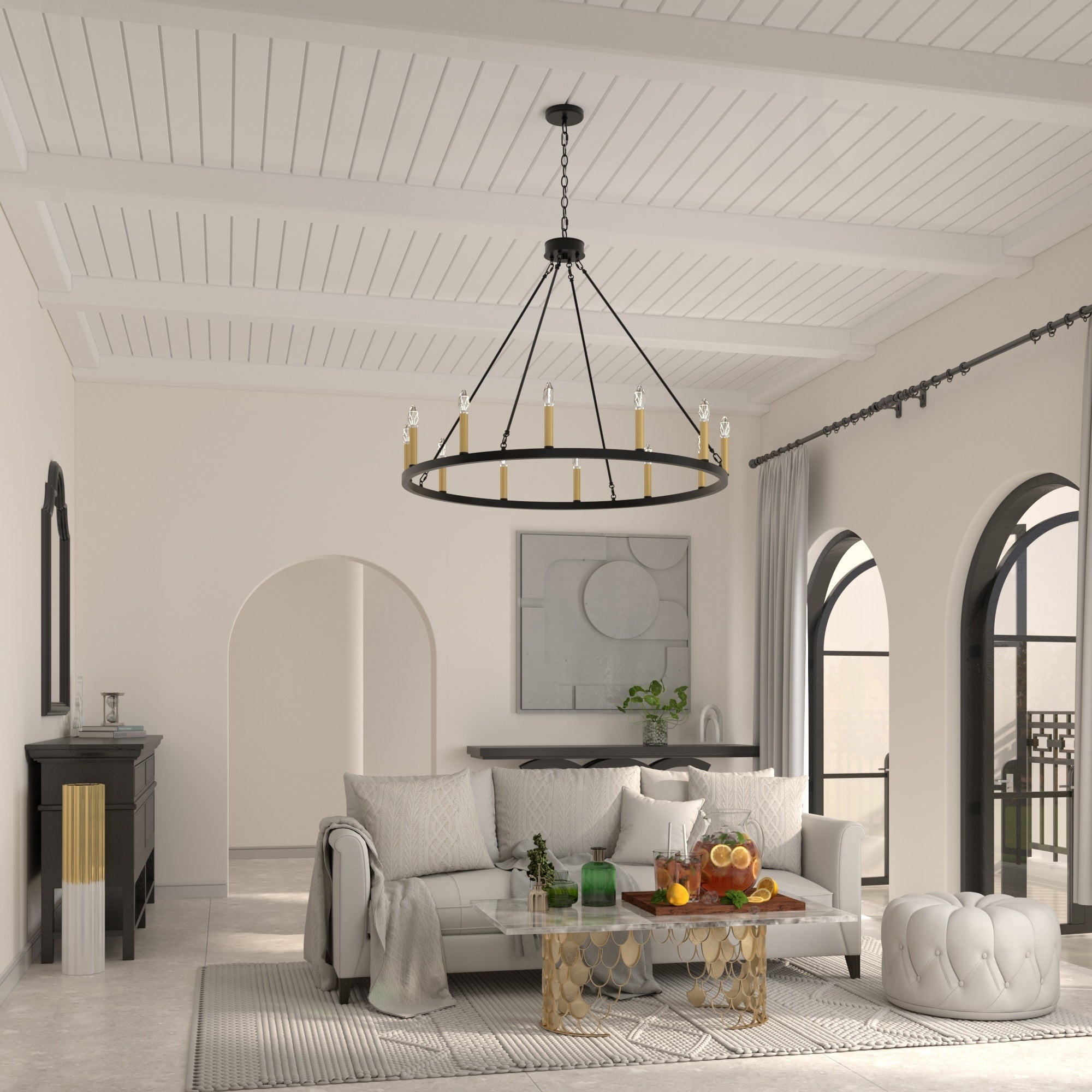 Lustre Acroma Farmhouse à 12 lumières, 40 po, en forme de roue de chariot, certifié UL - 40 po P x 138 po H