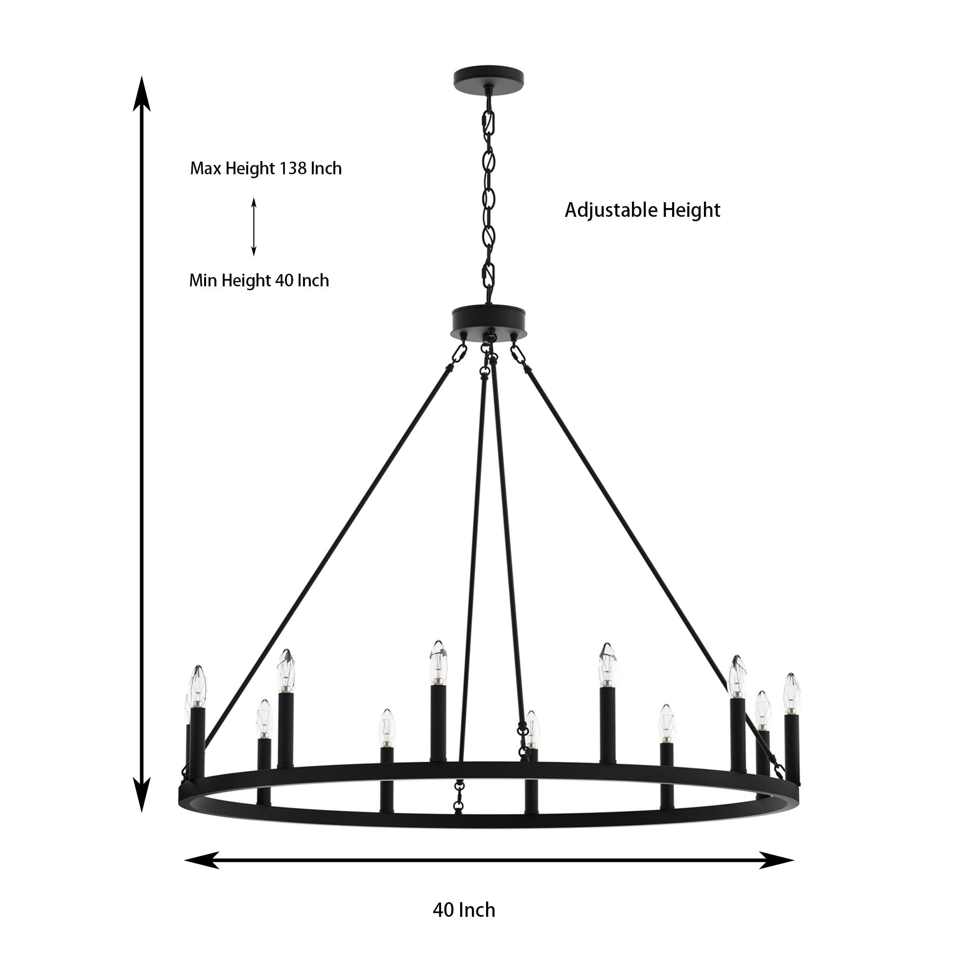Lustre Acroma Farmhouse à 12 lumières, 40 po, en forme de roue de chariot, certifié UL - 40 po P x 138 po H