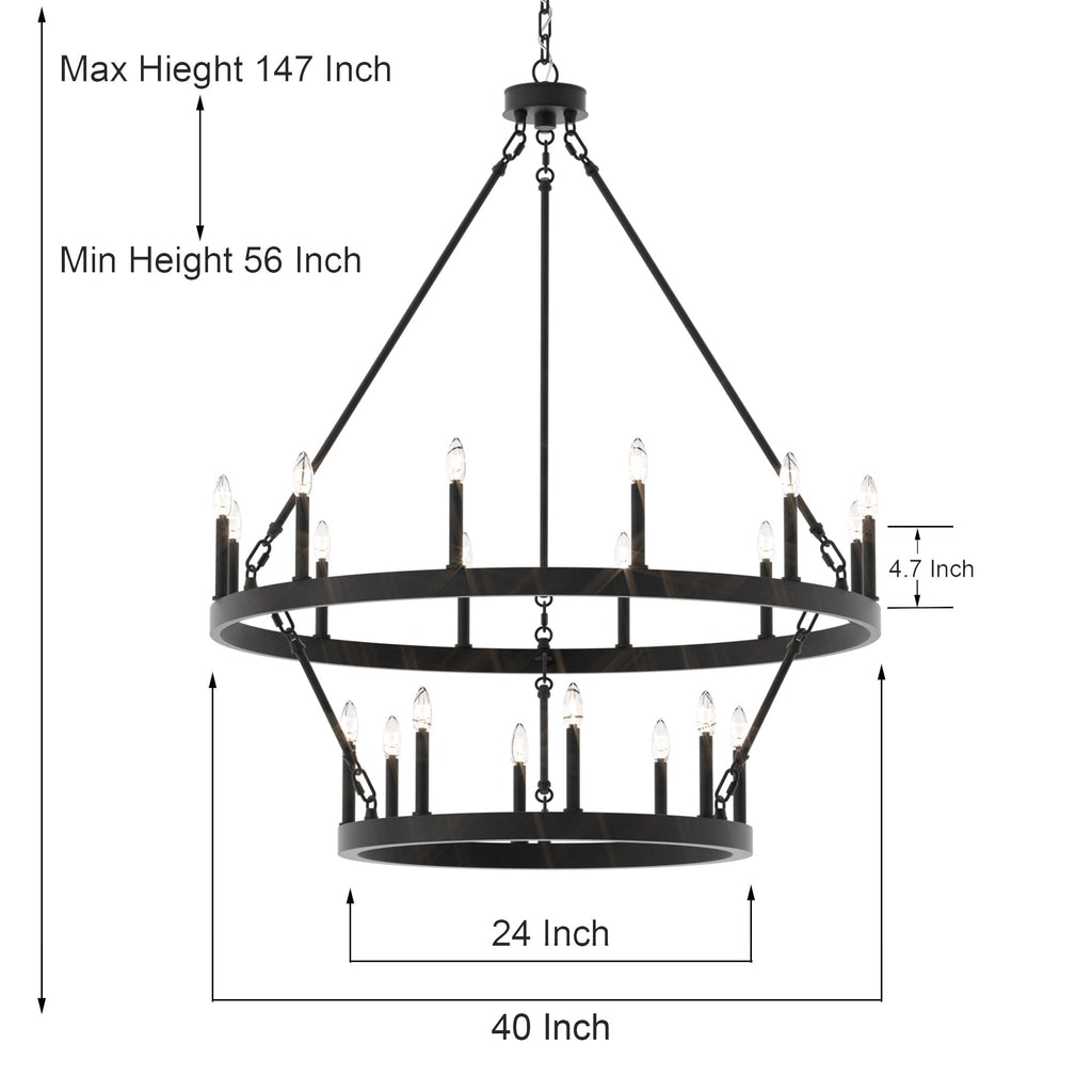 Lustre rond en forme de roue de chariot de style ferme moderne Acroma à 20 lumières de 40 po avec certification UL