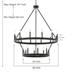 Lustre rond en forme de roue de chariot de style ferme moderne Acroma à 20 lumières de 40 po avec certification UL