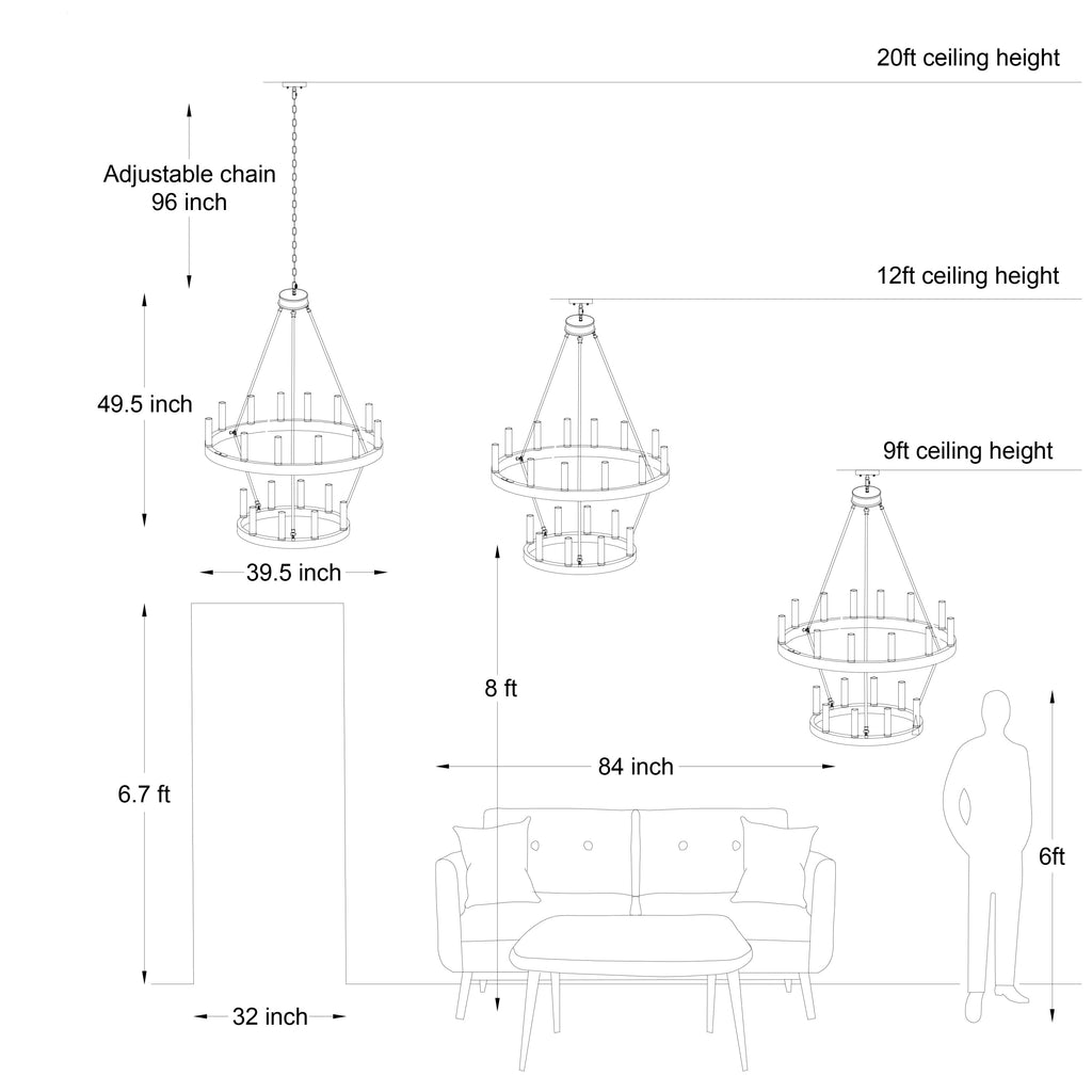 Lustre rond en forme de roue de chariot de style ferme moderne Acroma à 20 lumières de 40 po avec certification UL