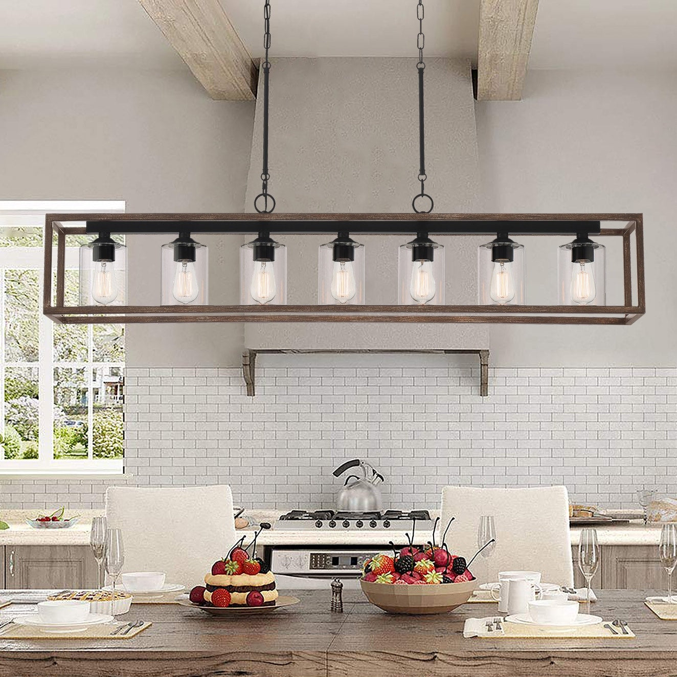 Lustre linéaire rectangulaire Allegray Farmhouse de 52 po à 7 lumières pour îlot de cuisine